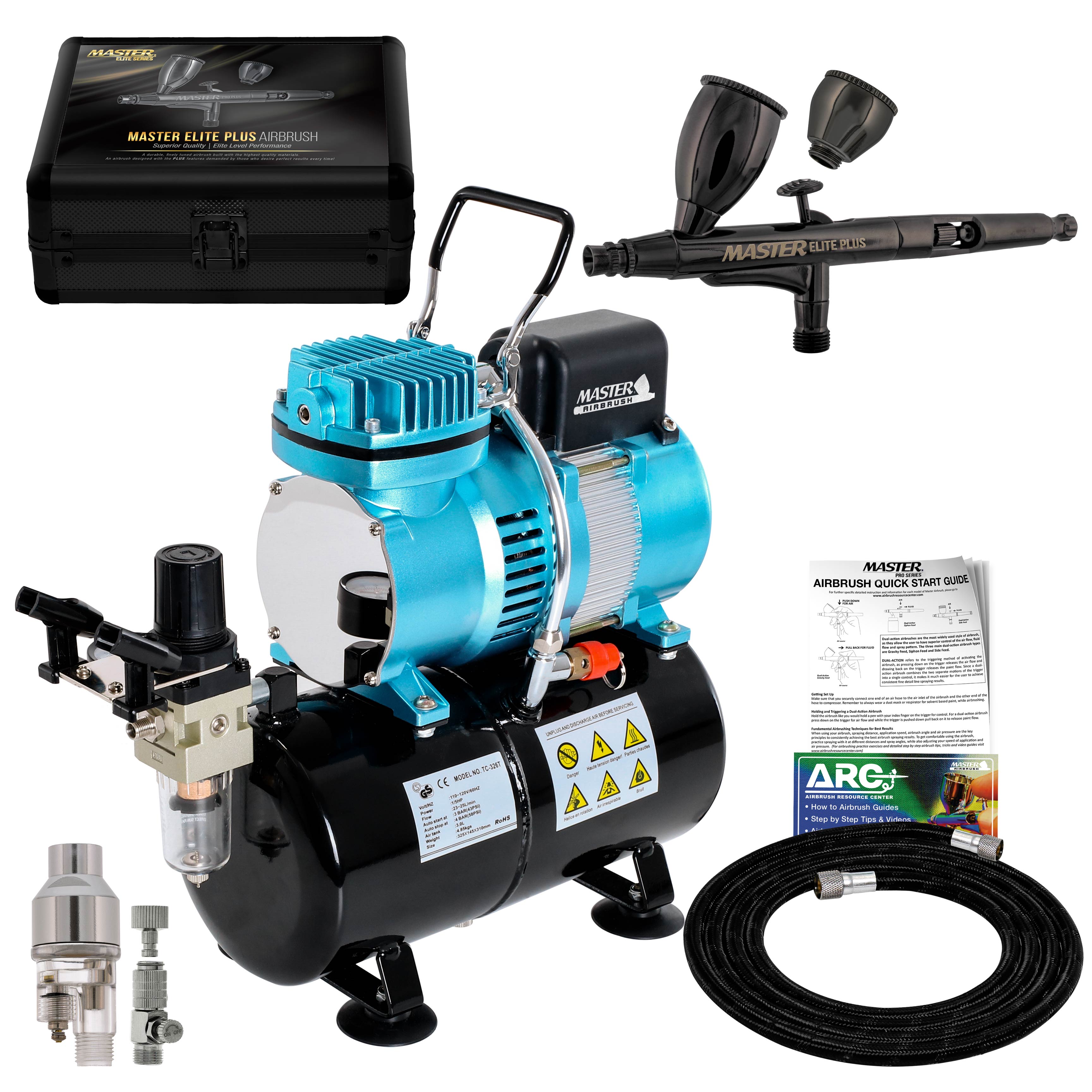 Cool Runner II Dual Fan Air Storage Tank Compressor System Kit with Master Elite Plus Airbrush Set – Professional 0.3mm Tip for Model Painting, Cake Decorating & Tattoo Art – Includes Portable Case