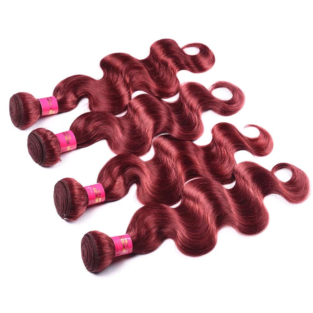 Brazilian Body Wave Virgin Hair Bundles 4PCS - 100% Human Hair Weave #33 Wine Red (18