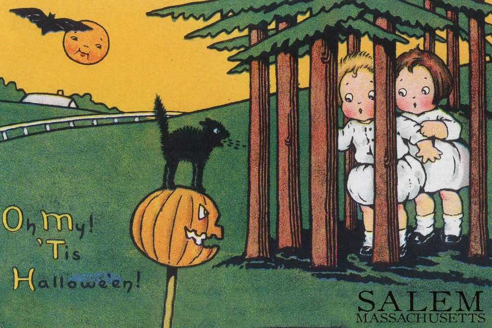 Vintage Salem Massachusetts Halloween Kids & Black Cat Postcard - 12x18 Gallery Quality Metal Wall Art, Aluminum Home Decor for Halloween Party, Spooky Room Decor, Gothic Gift Idea