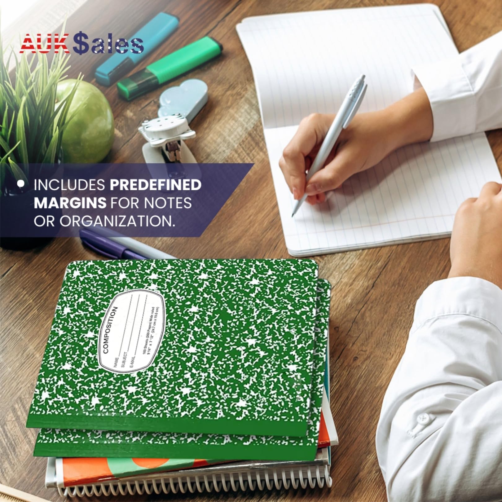 AUKSales Bulk Pack of 48 Wide Ruled Composition Notebooks - 100 Sheets, 9.75