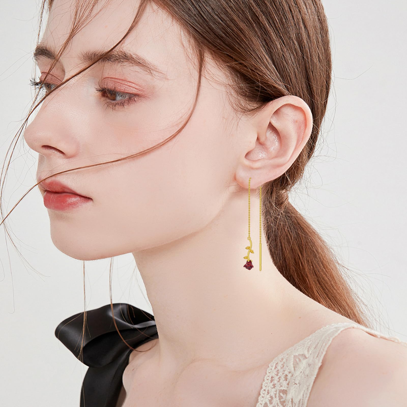 Rose Earrings for Women - Sterling Silver Rose Threader Dangle Earrings with Pull-Through Chain - Elegant Flower Jewelry Gift for Her | Perfect for Weddings, Date Nights & Special Occasions