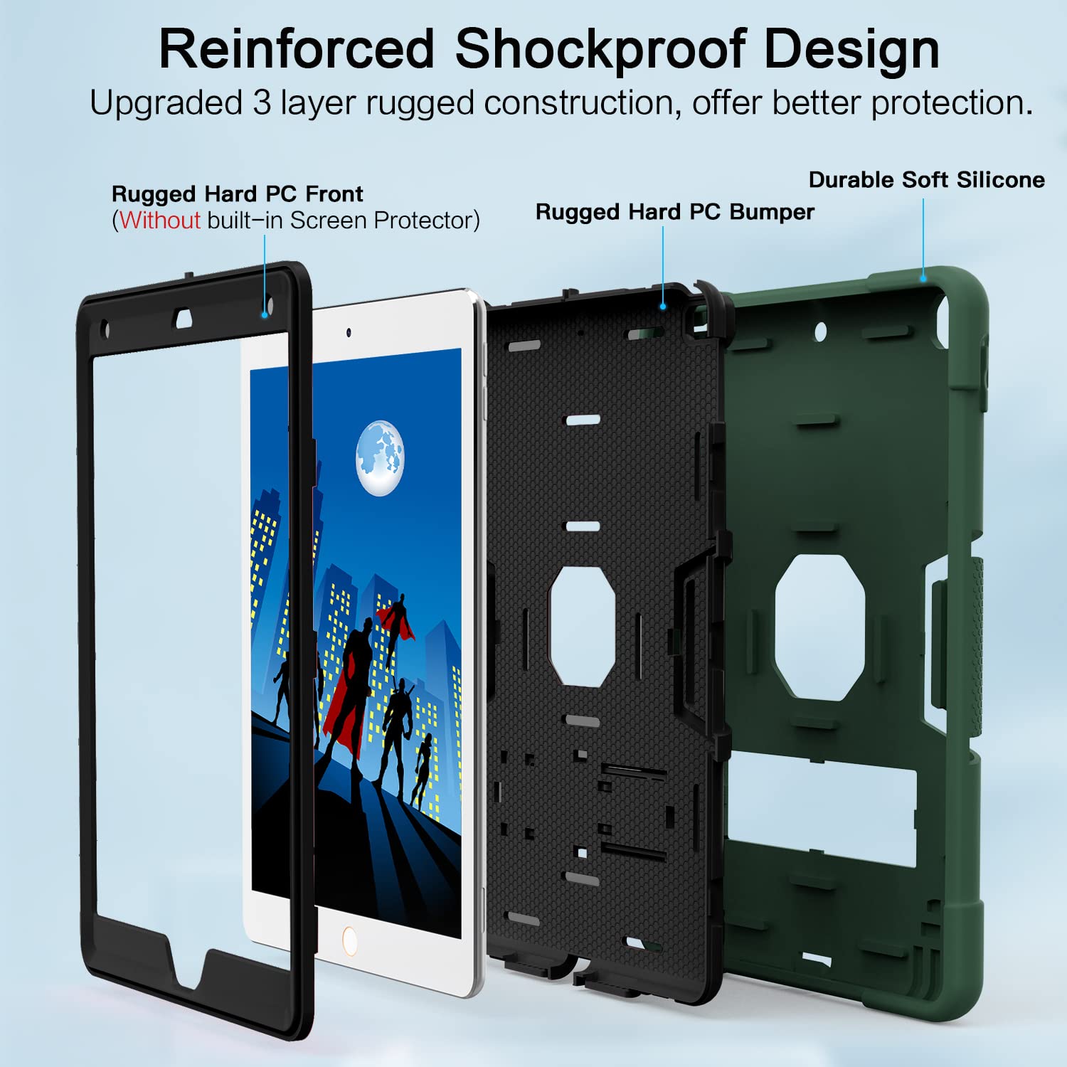 Shockproof Rugged Protective Case for iPad 9th/8th/7th Generation 10.2 inch (2021/2020/2019) - Slim Heavy Duty Cover with Built-in Stand | Alpine Green & Black | Perfect for Work, Travel & Outdoor Use