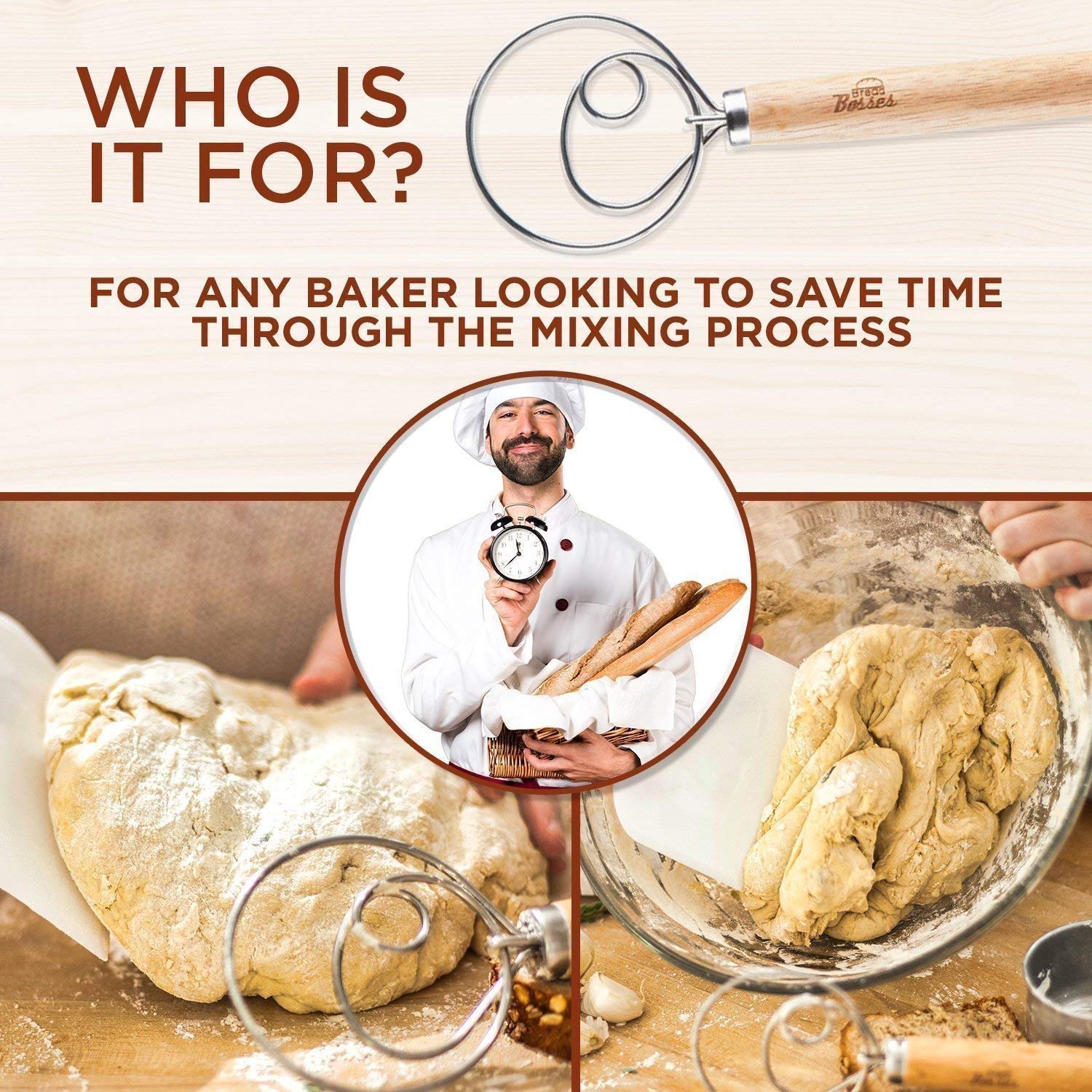 Premium Danish Dough Whisk - Heavy Duty Bread Mixer & Pizza Dough Hook - Perfect for Baking Bread, Pastries & Pizza Dough - Ideal Gift for Bakers & Home Chefs (Great for Kitchen, Bakery & Cooking Enthusiasts)