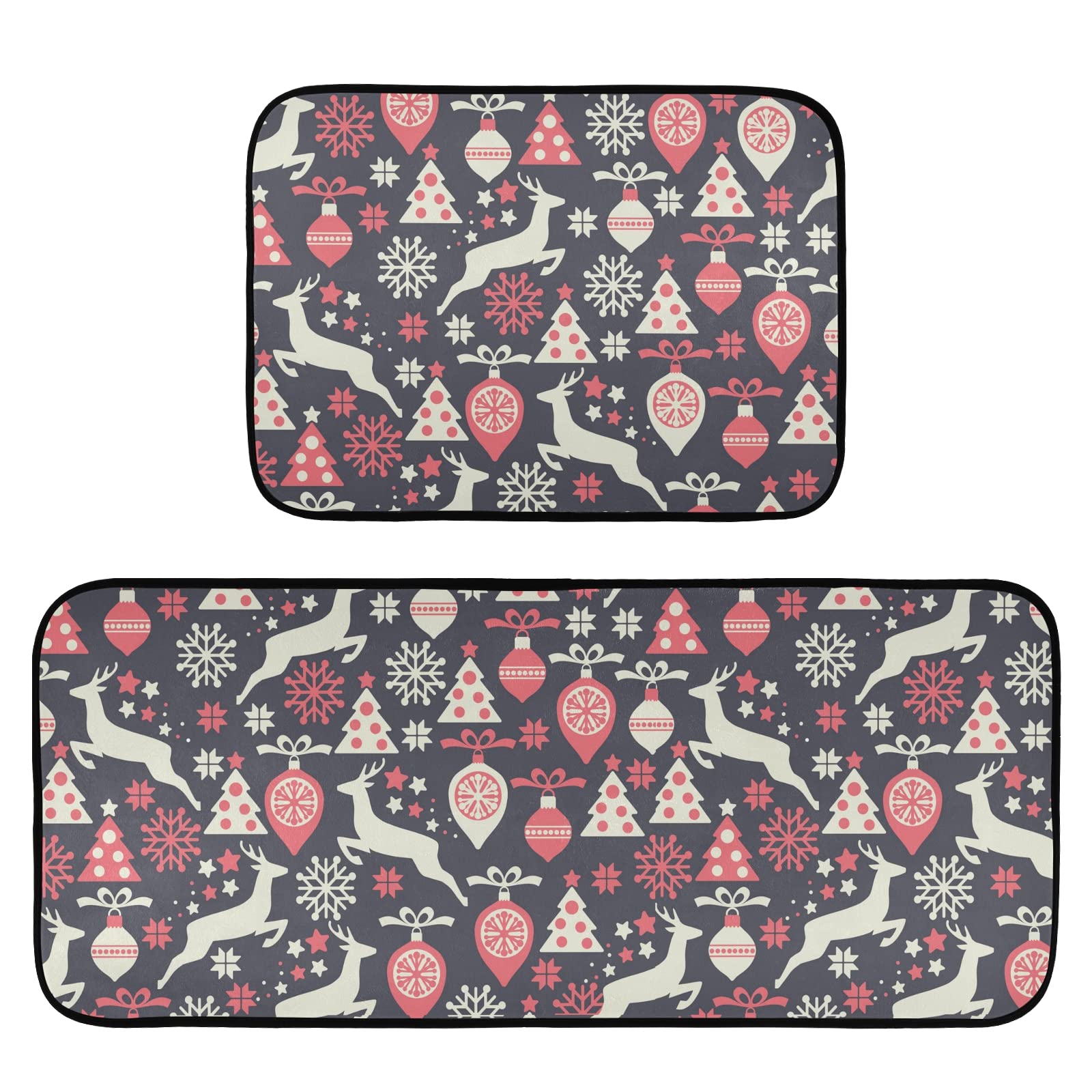 Vintage Christmas Deer Kitchen Rug Set of 2 - Anti-Fatigue Washable Non-Slip Foam Cushioned Mats for Standing Comfort - Farmhouse Style Kitchen Runner & Laundry Room Floor Mat - Perfect for Holiday Decor, Cooking & Entryway Use