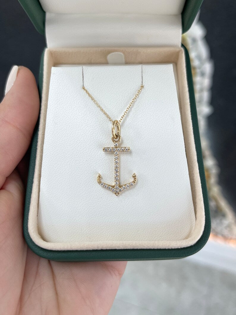 14K Gold Natural Diamond Anchor Necklace for Women - 0.45tcw Iced Out Pave Cut Ocean Lover Jewelry Gift for Birthday, Anniversary & Beach Vacation
