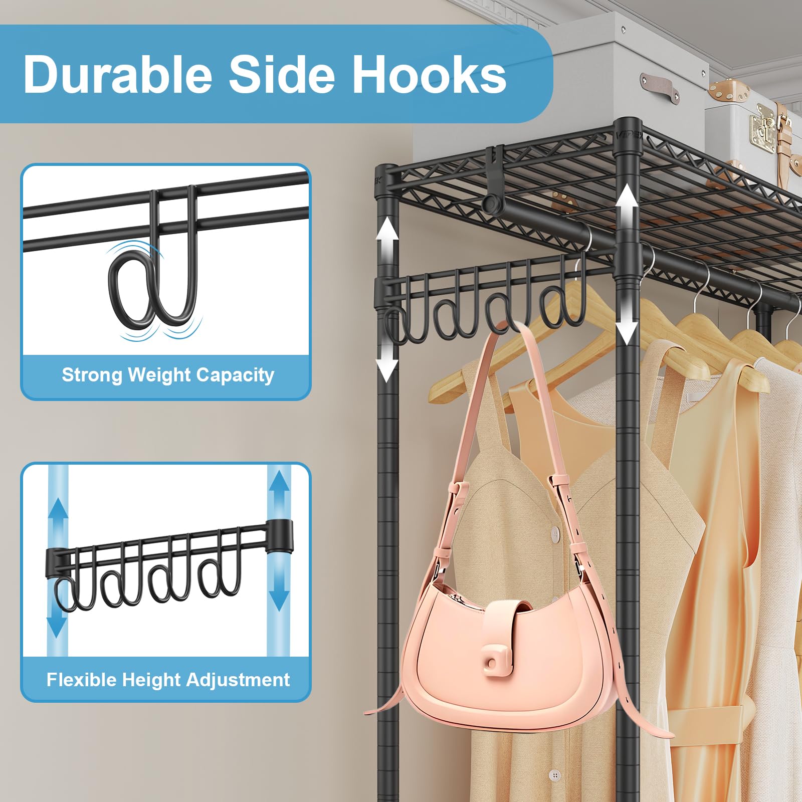 VIPEK V4S Heavy Duty Garment Rack - Adjustable Shelves & 2 Side Hooks, 810lbs Capacity Portable Closet Storage System for Hanging Clothes, Black | Perfect for Home Organization, Laundry Room, Closet Storage & Commercial Use