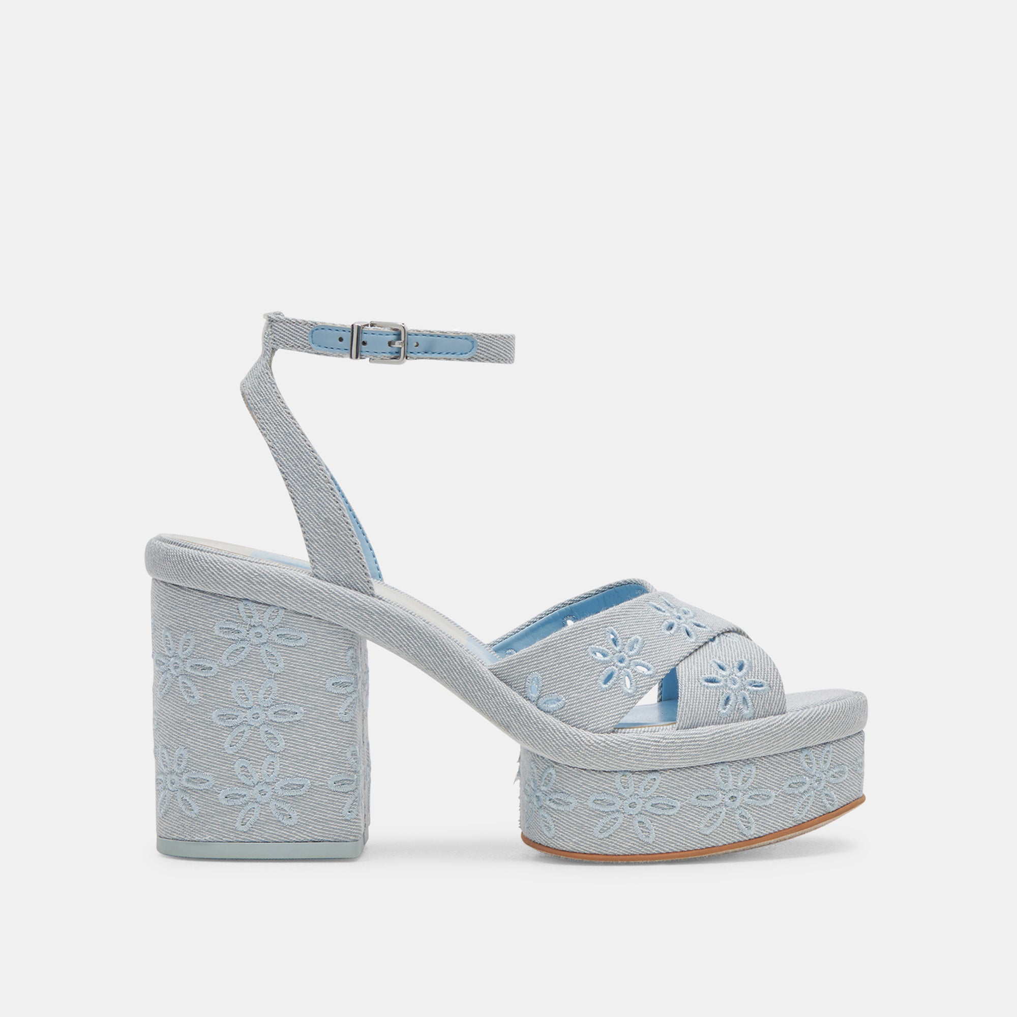 LAISHA Women's Light Blue Floral Eyelet Heels - Comfortable High Heel Sandals for Weddings, Parties & Summer Outfits