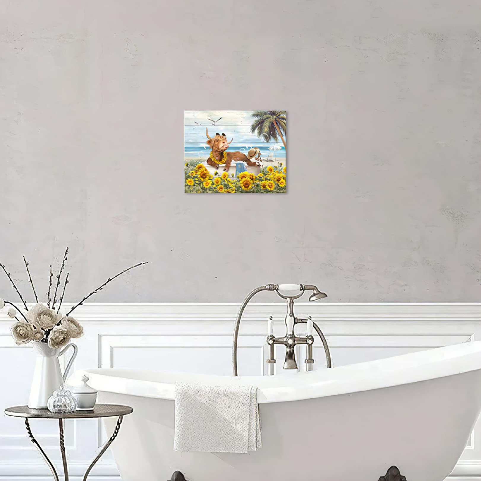 Highland Cow Canvas Art - Rustic Farmhouse Decor for Bathroom & Beach - 8x10 Inch Framed