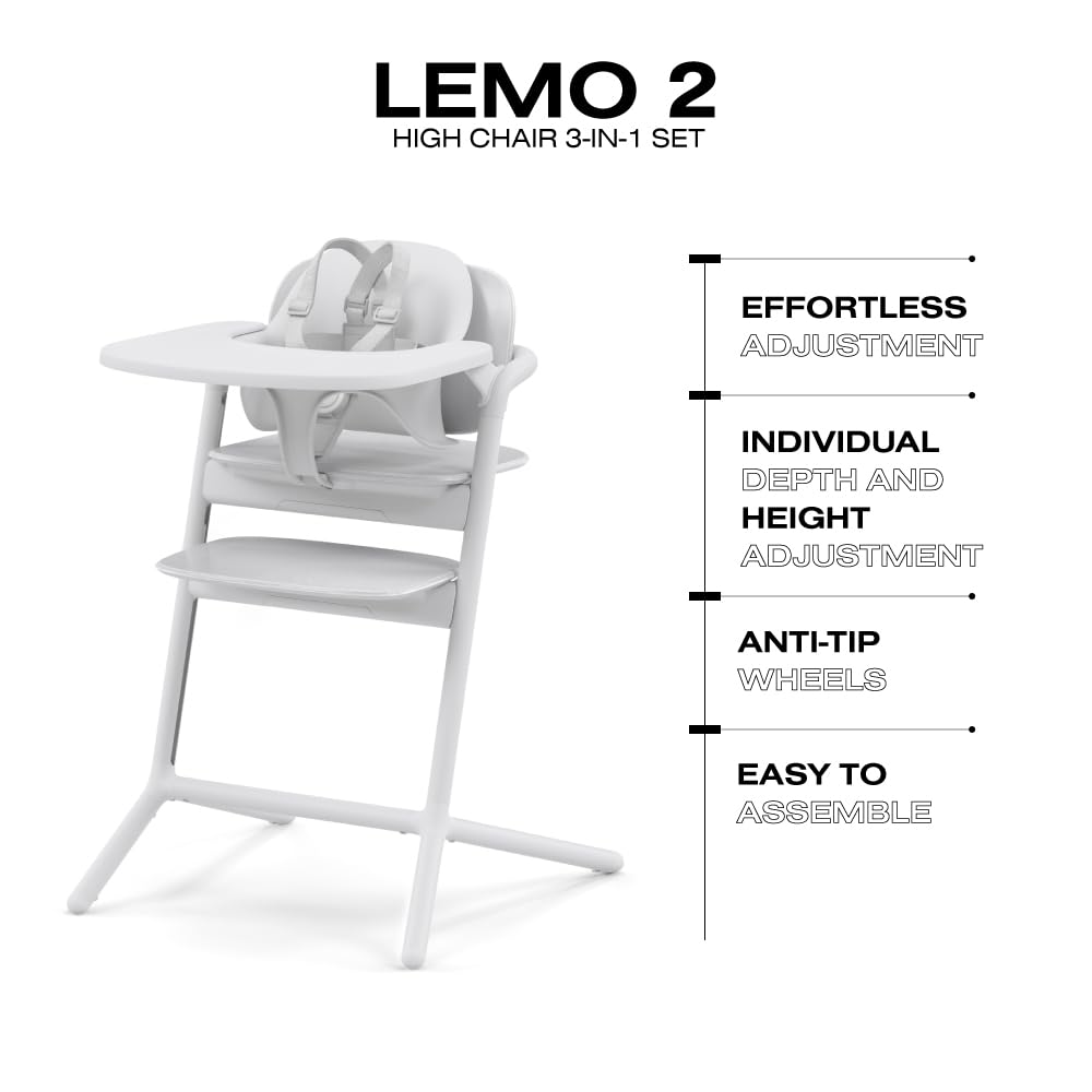 Cybex LEMO 3-in-1 Convertible High Chair with Baby Set & Snack Tray - Adjustable Height & Depth, Anti-Tip Wheels - Modern White Design for Infants 6+ Months to Adults - Perfect for Dining, Feeding & Playtime