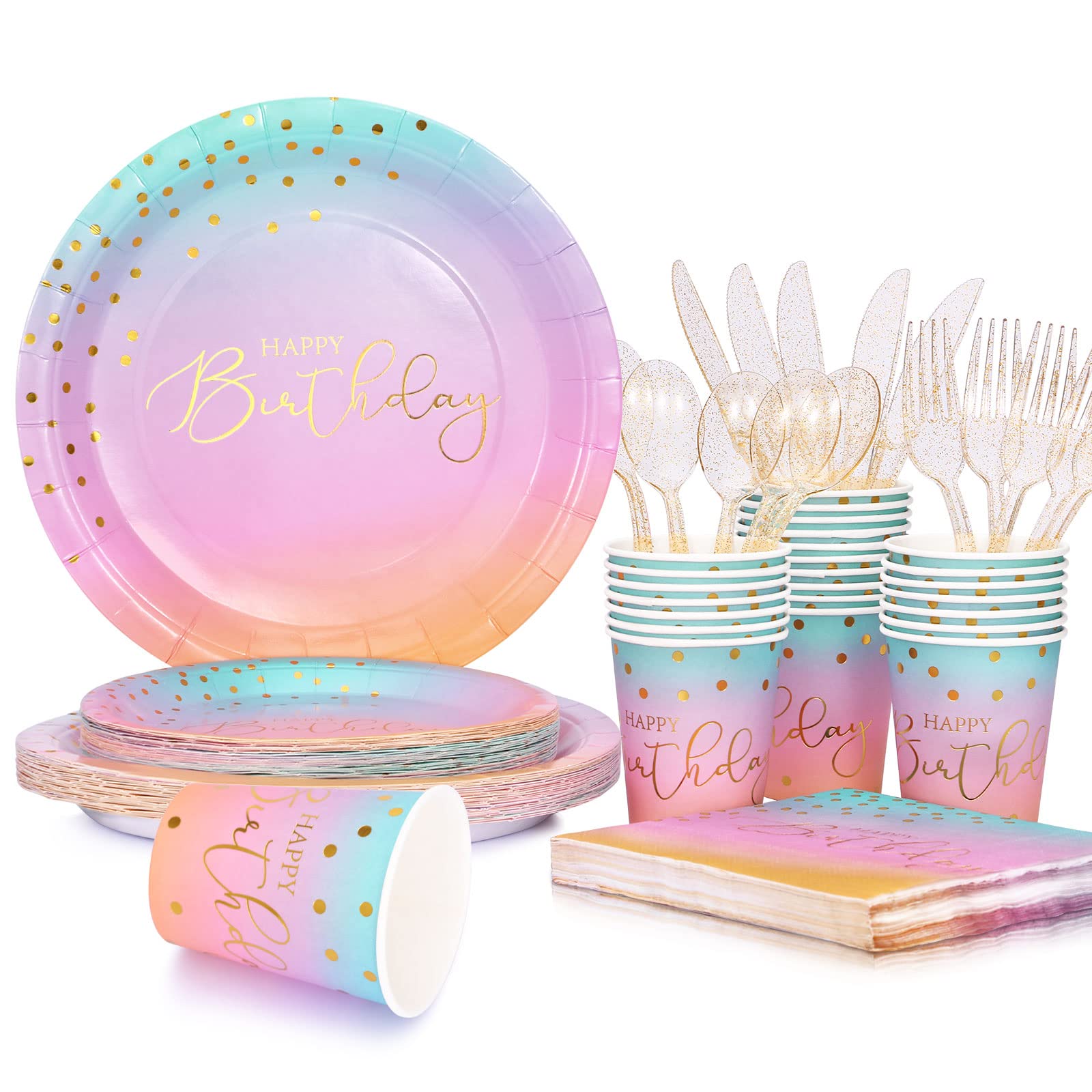 Pastel Rainbow Birthday Party Supplies for Girls - 25-Piece Disposable Plates, Cups & Napkins Set - Perfect for Kids Birthday Parties, Baby Showers & Themed Celebrations