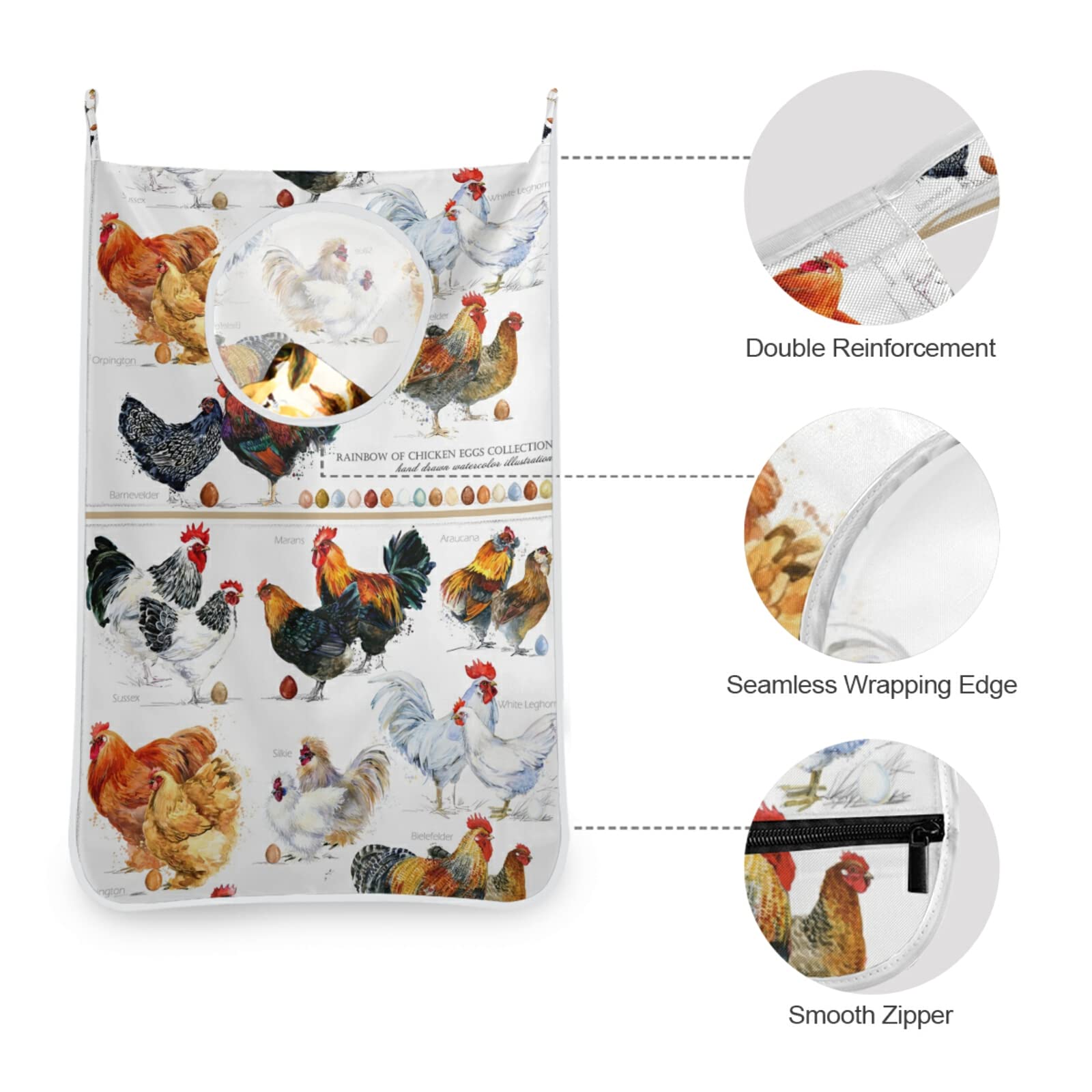 Chicken Hen Rooster Poultry Farm Bird Design Hanging Laundry Hamper Bag - Over The Door Clothes Storage Organizer with Hooks for Bathroom, Bedroom & Closet - Perfect for Farmhouse Decor, Pet Lovers & Country Style Homes