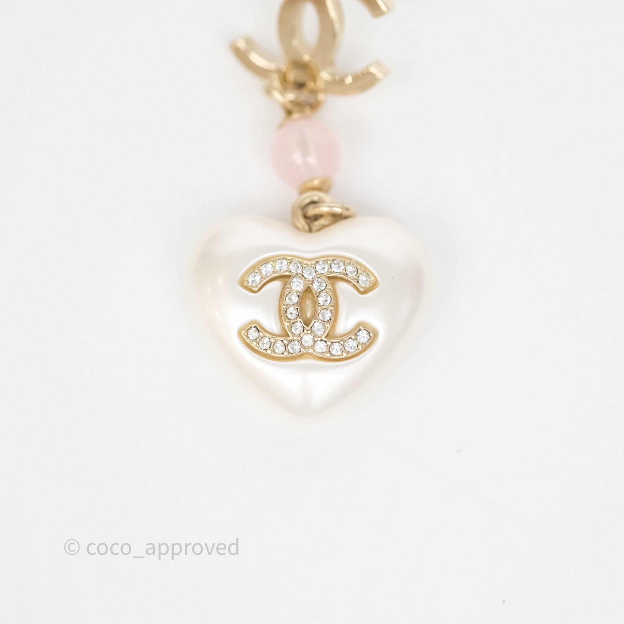 Chanel CC Pink Bead Heart Pearl Crystal Drop Earrings in Gold Tone - Elegant Luxury Jewelry for Women, Perfect for Parties, Weddings & Special Occasions