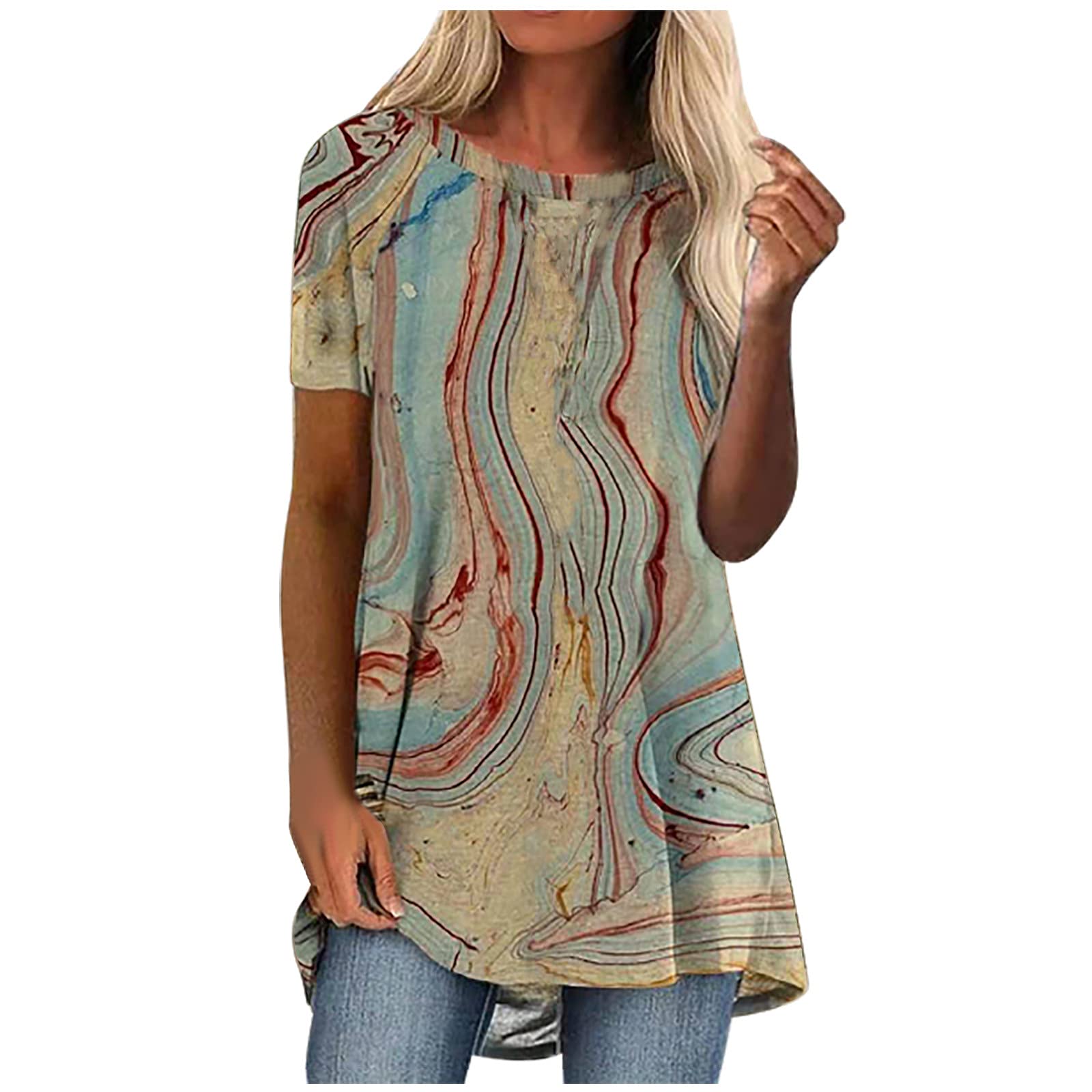 Women's Fashion Crewneck Short Sleeve Printed Long T-Shirt & Blouses - Loose Fit Casual Tops for Women | Perfect for Summer Outfits, Office Wear & Daily Comfort