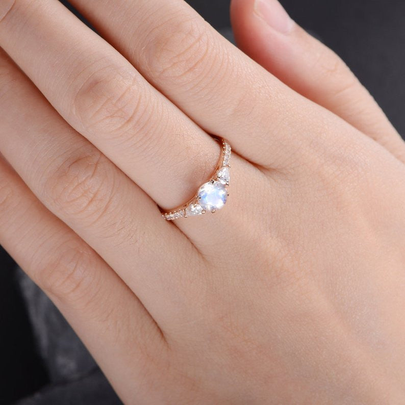 Rose Gold Moonstone Engagement Ring with Pear Moissanite - June Birthstone for Women - Perfect for Weddings, Anniversaries & Special Occasions