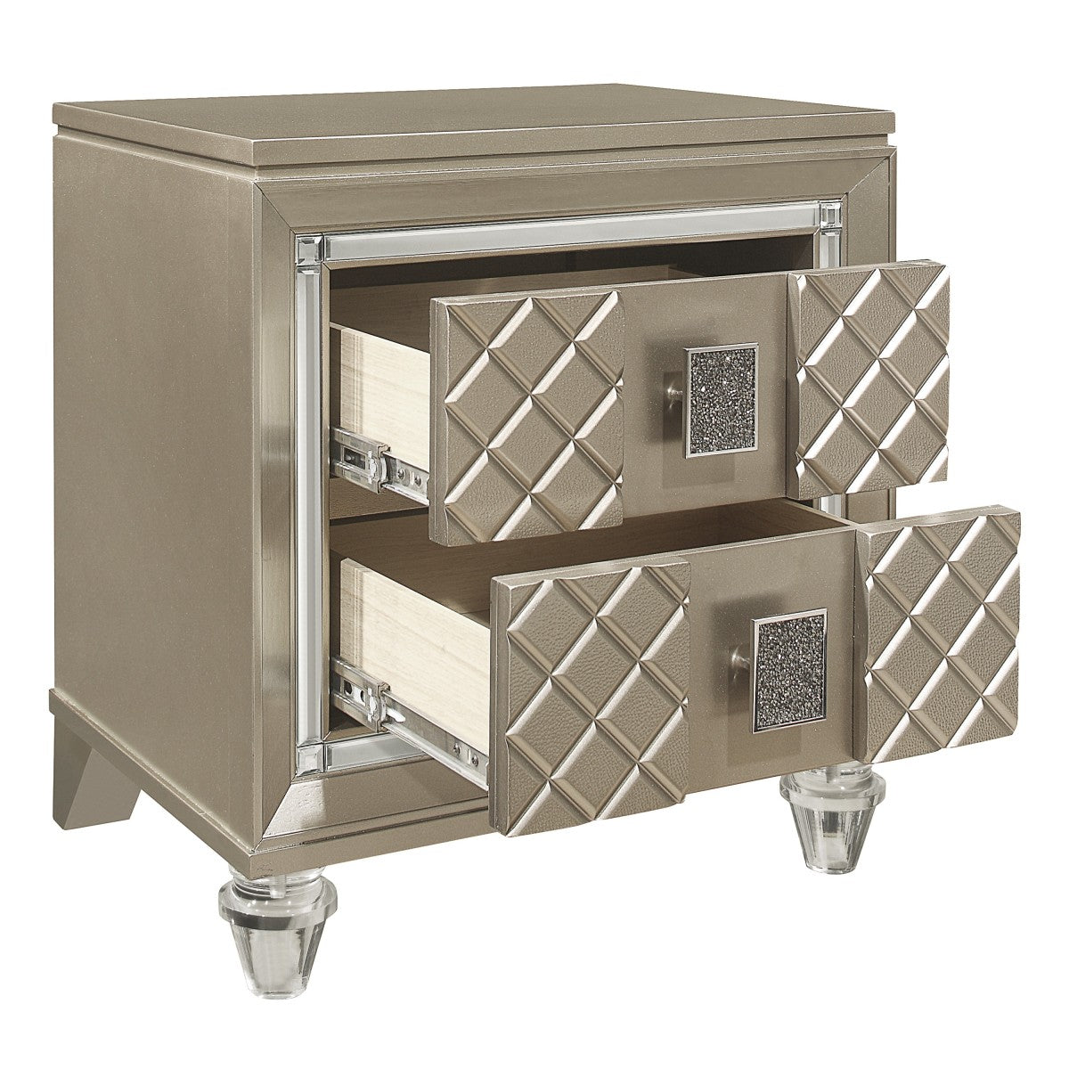 Elegant Champagne Metallic Nightstand with Embossed Drawer Fronts - Modern Bedside Table for Bedroom Decor, Perfect for Small Spaces & Apartment Living