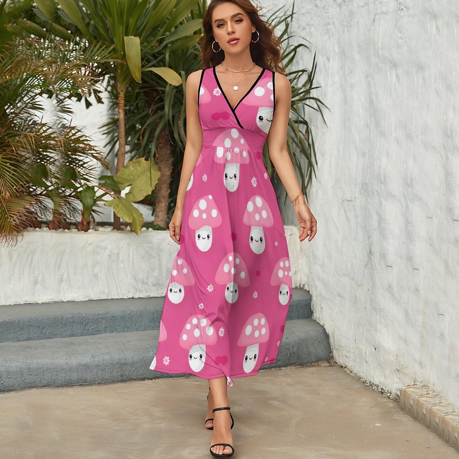 Cute Mushroom Print Women's Casual Sleeveless Loose Maxi Sundress - Perfect for Beach Vacations, Summer Outings & Boho Fashion