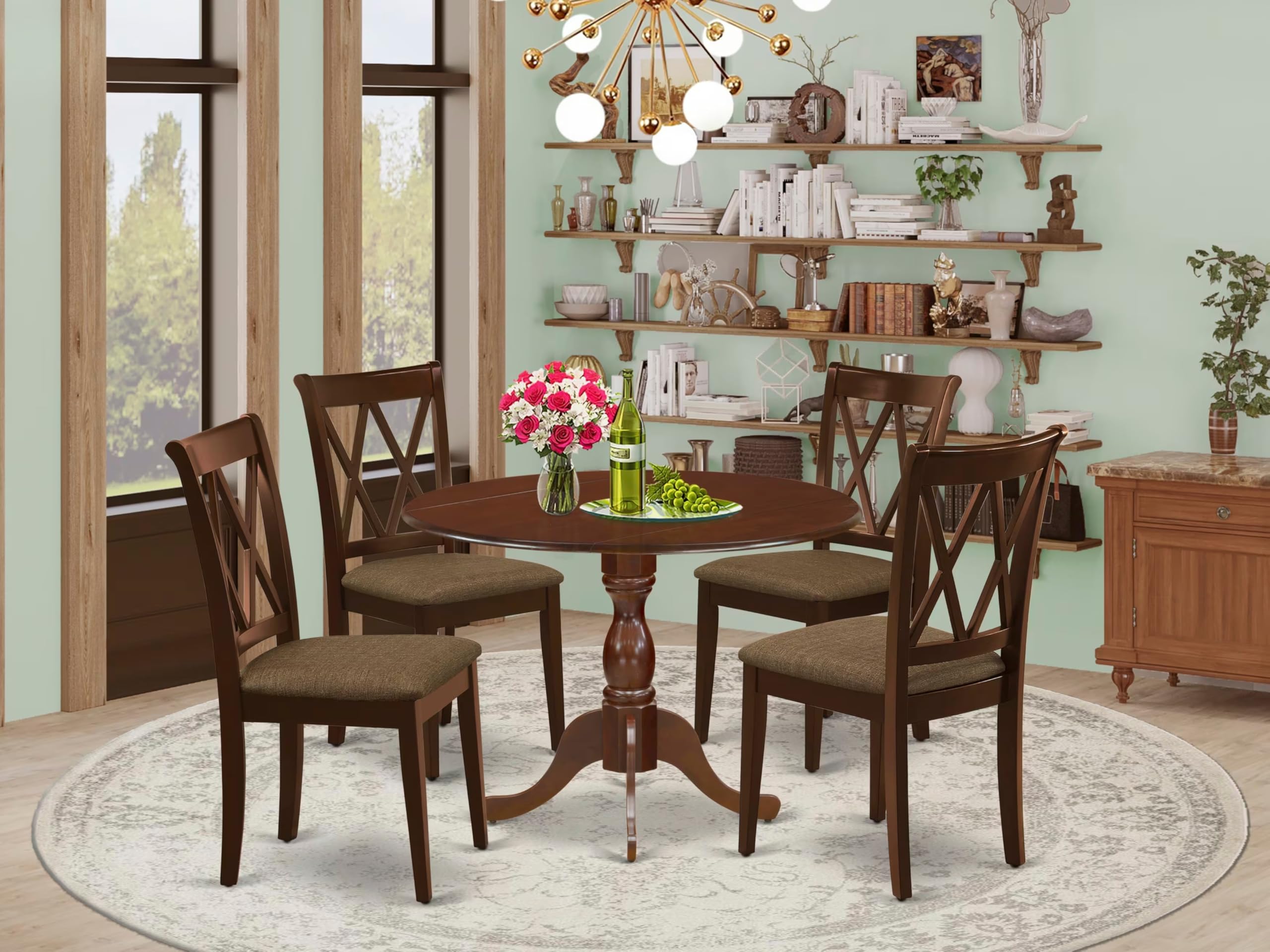 East West Furniture DMCL5-MAH-C 5-Piece Round Kitchen Dining Table Set with Drop Leaf and 4 Fabric Chairs, 42x42 Inches, Mahogany - Perfect for Small Spaces, Breakfast Nooks & Cozy Family Meals