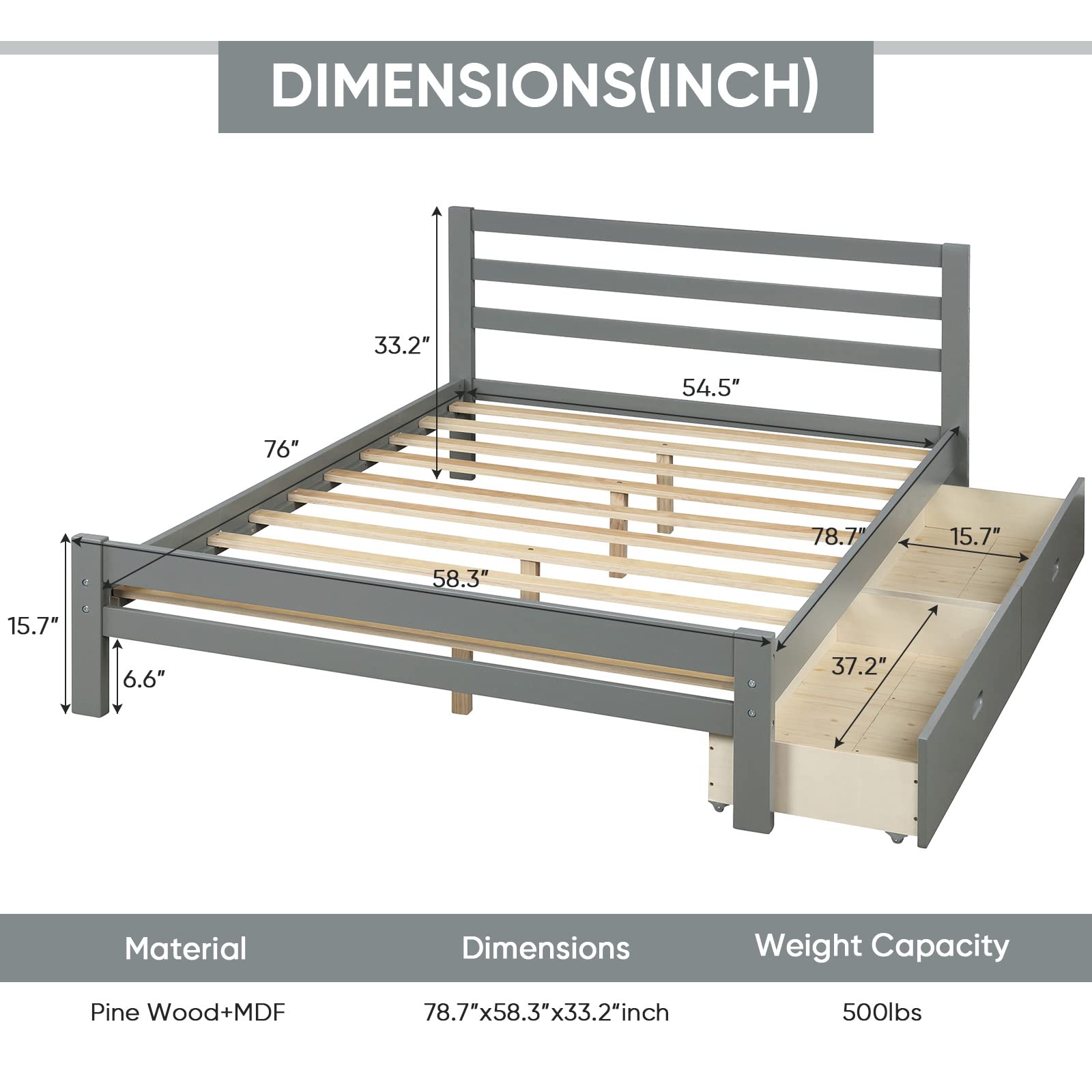 Baysitone Full Size Platform Bed Frame with 2 Storage Drawers & Headboard - 10 Wood Slats Support, 500 lbs Weight Capacity, No Box Spring Needed (Bright Gray) - Perfect for Small Bedrooms, Guest Rooms & Space-Saving Storage Solutions