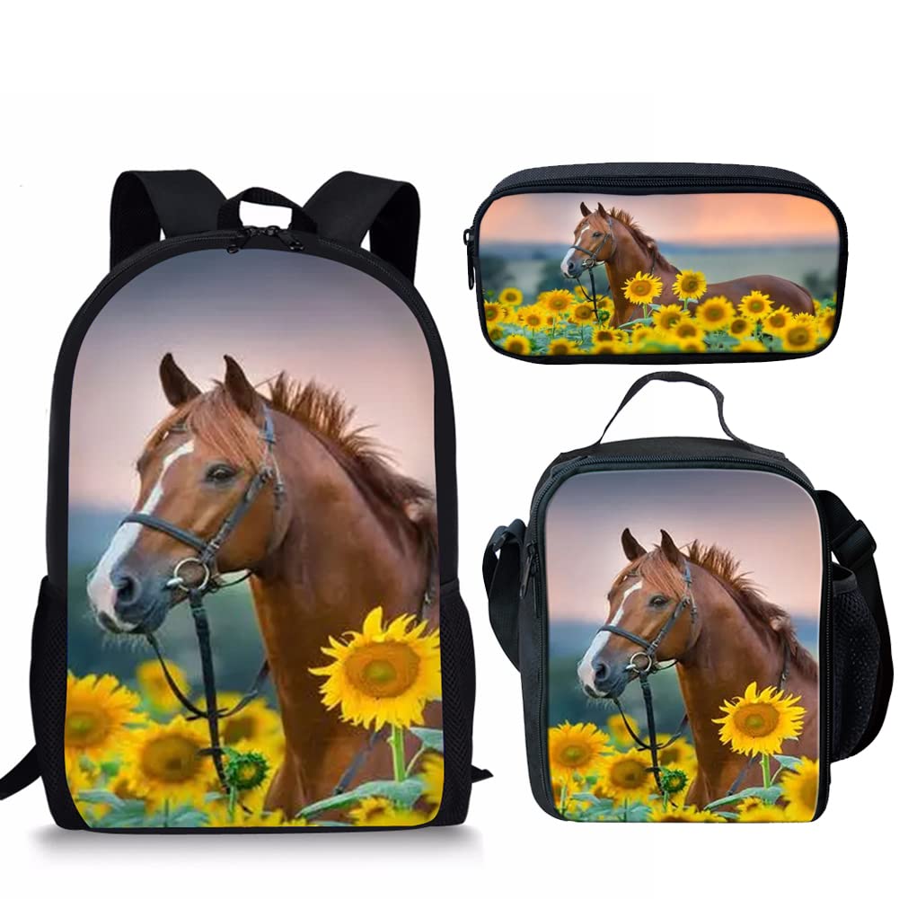 Beginterest 3-Piece School Backpack Set - Cute Sunflower & Horse Print Backpacks with Lunch Box & Pencil Case for Kids | Perfect for Elementary Students, Daycare & Outdoor Adventures