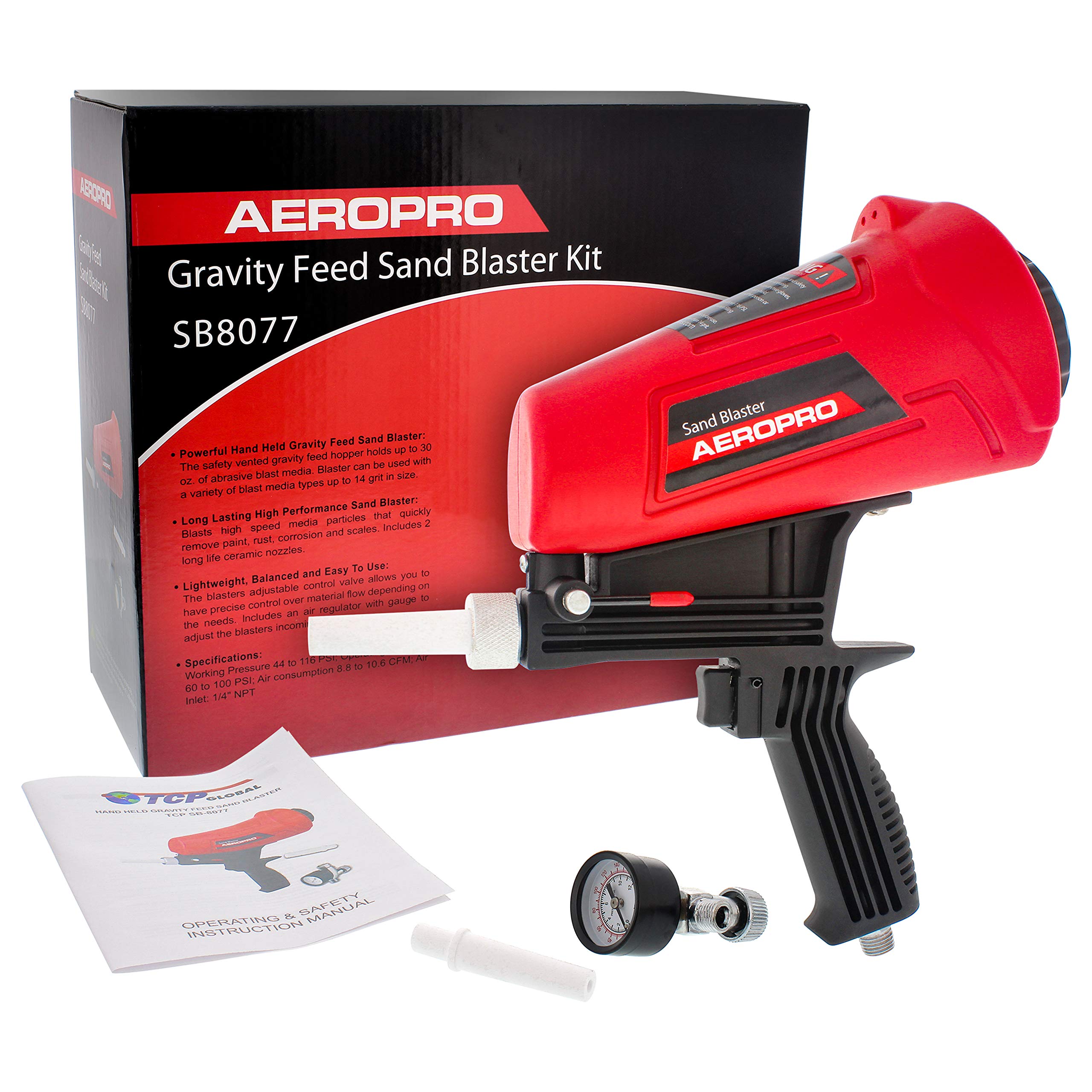 TCP Global Gravity Feed Sand Blaster Gun Kit - Pneumatic Hand Held Sandblasting Spray Gun with 2 Ceramic Nozzle Tips & Air Regulator - Works with Abrasive Media, Soda, Bead, Walnut & Aluminum Oxide - Ideal for Rust Removal, Surface Cleaning & Paint Prep in Automotive, Metal & Woodworking Projects