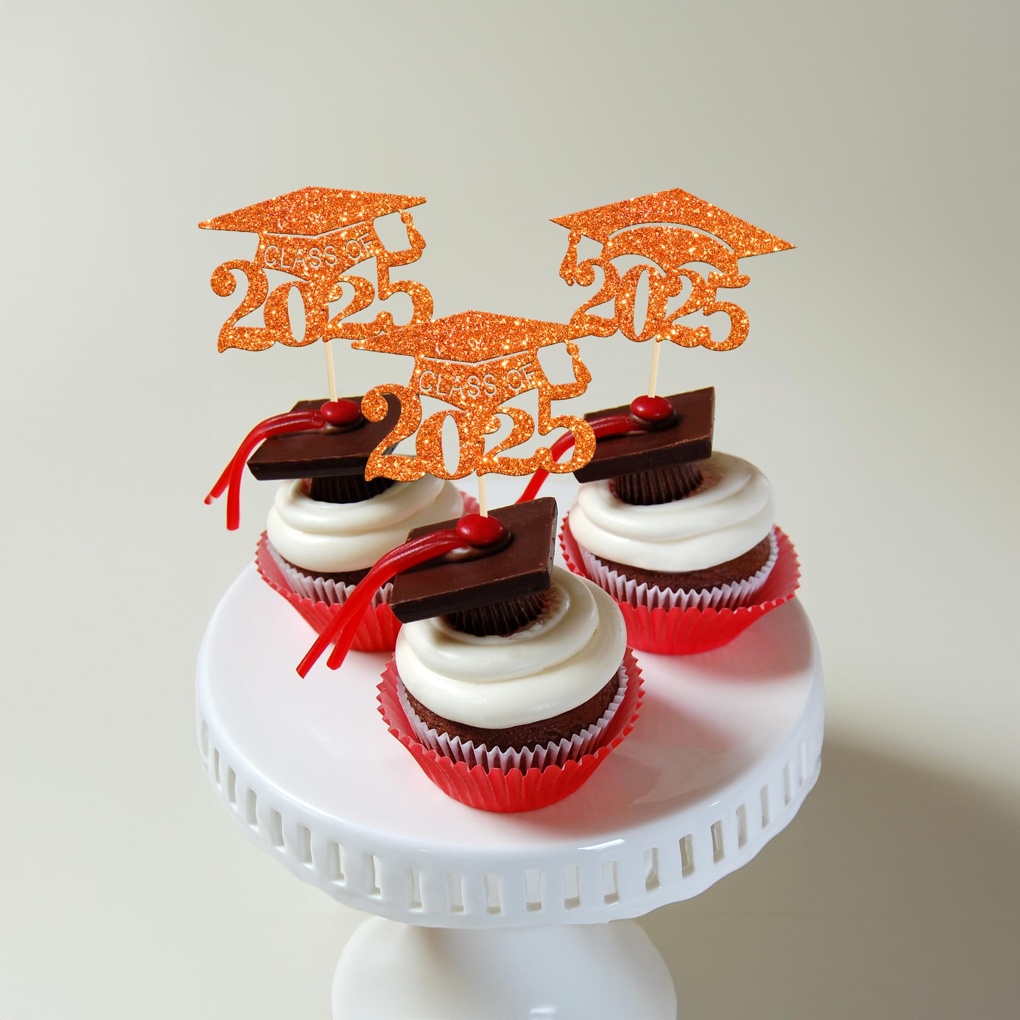 24Pcs 2025 Graduation Cap Cupcake Toppers - Orange Glitter Class of 2025 Cake Decorations for Graduation Party, Birthday, School Celebration | Perfect for Cupcakes, Cakes, Desserts