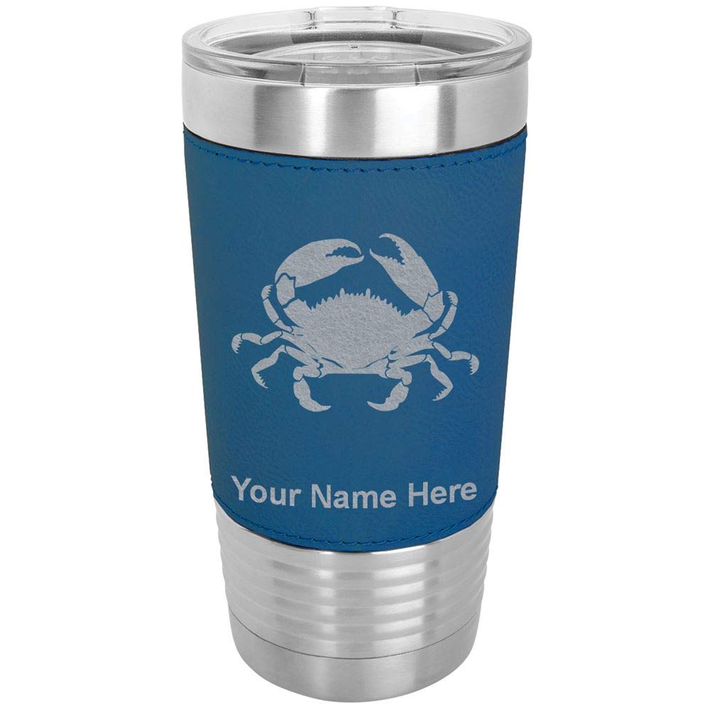 LaserGram 20oz Vacuum Insulated Stainless Steel Tumbler with Crab Design - Personalized Engraving, Faux Leather Base & Blue Finish - Perfect for Coffee, Tea & Cold Drinks at Home, Office or Travel