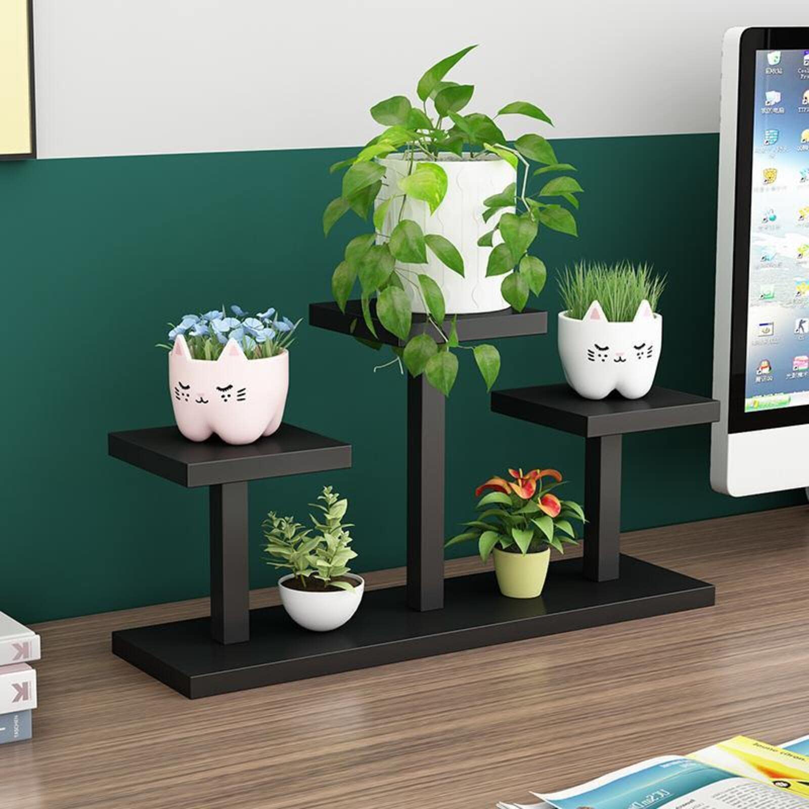 Colorful Wood Mini Tabletop Succulent Plant Stand - Sturdy Desktop Display Rack for Succulents, Cacti, Herbs & Small Plants (24x18x45cm) - Perfect for Home, Office & Garden Decor