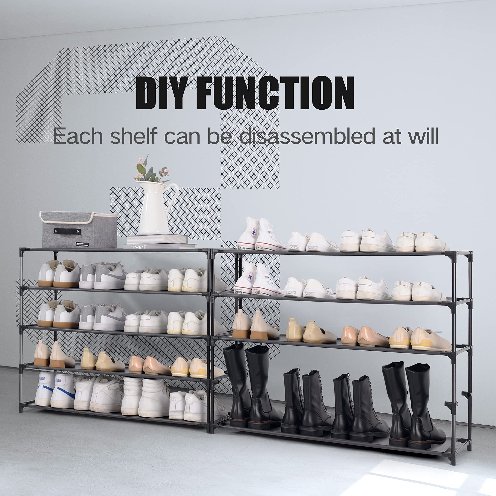 50 Pairs Shoe Rack Organizer - 10-Tier Space Saving Shoe Shelf for Bedroom, Closet & Entryway | Non-Woven Fabric Shoe Storage | Perfect for Small Spaces & Shoe Lovers (Black)