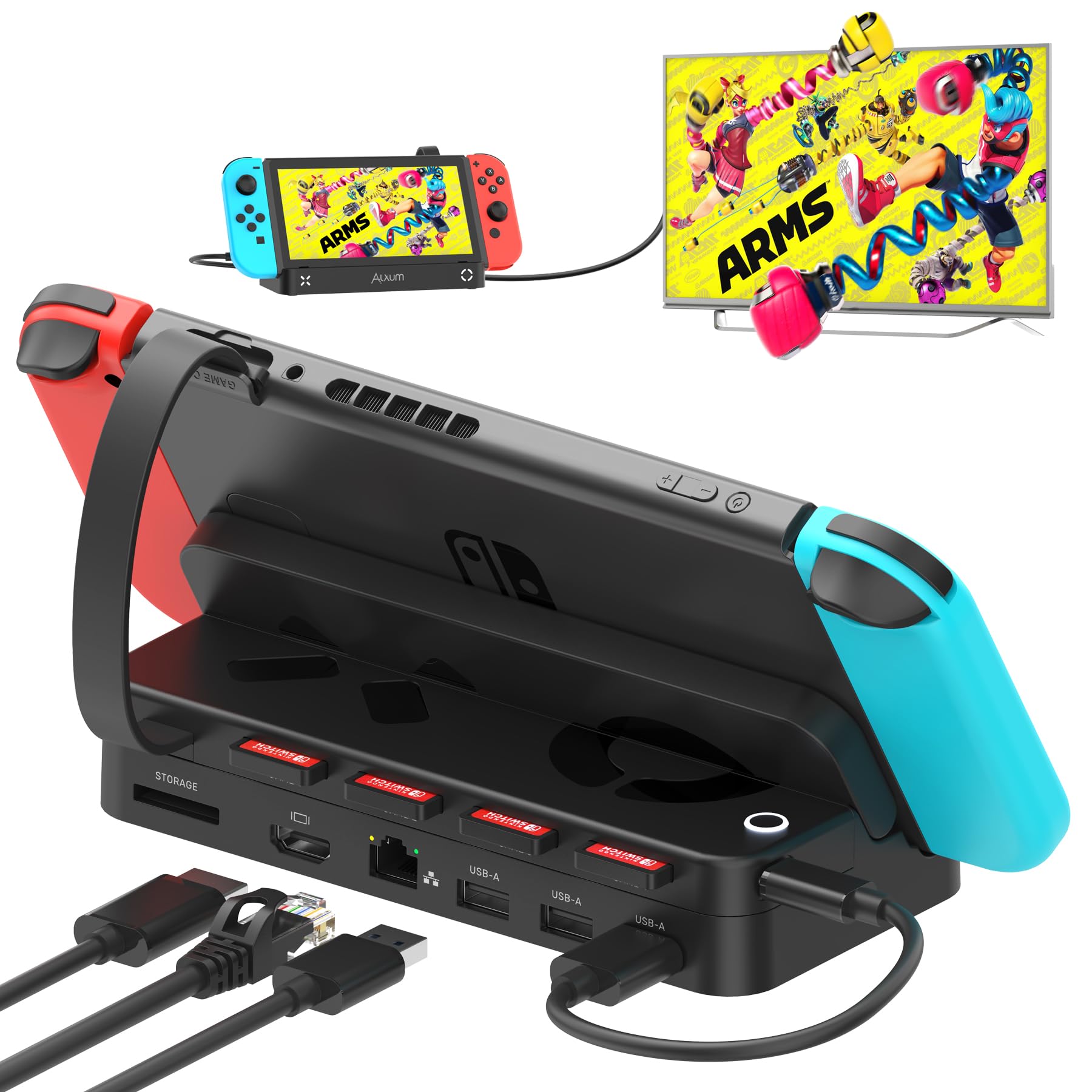 Alxum Switch Docking Station with Game Switcher for Nintendo Switch/OLED - 4K HDMI, 1000Mbps Ethernet, 100W USB-C Charging Port - Replacement for Official Nintendo Switch Dock - Perfect for Gaming at Home or Travel