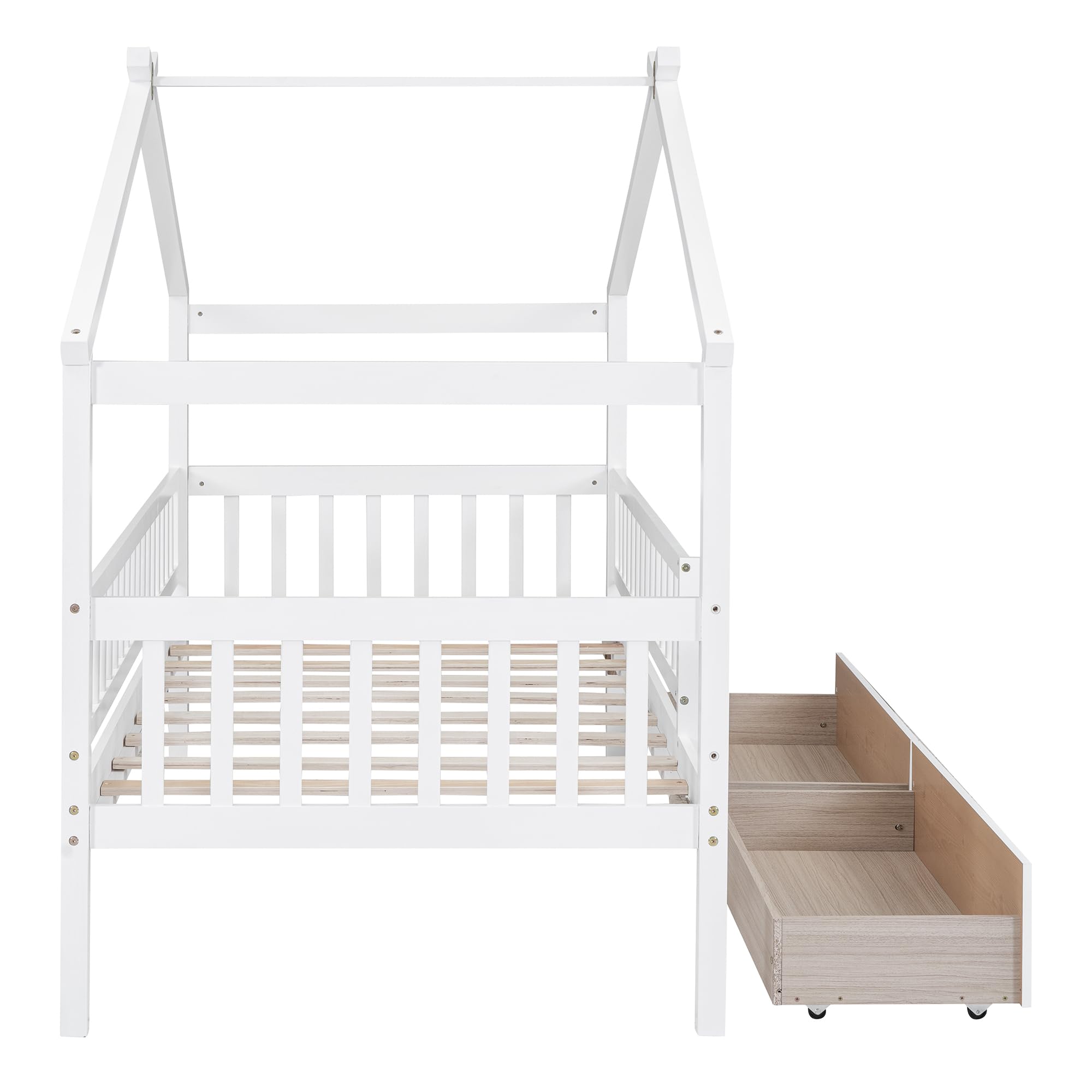 Harper & Bright Designs Twin Size Wooden House Bed for Kids with 2 Storage Drawers - Montessori Bed Frame with Roof & Safety Rails - Perfect for Boys & Girls Bedrooms (White) - Ideal for Small Spaces, Playrooms & Montessori Learning Environments