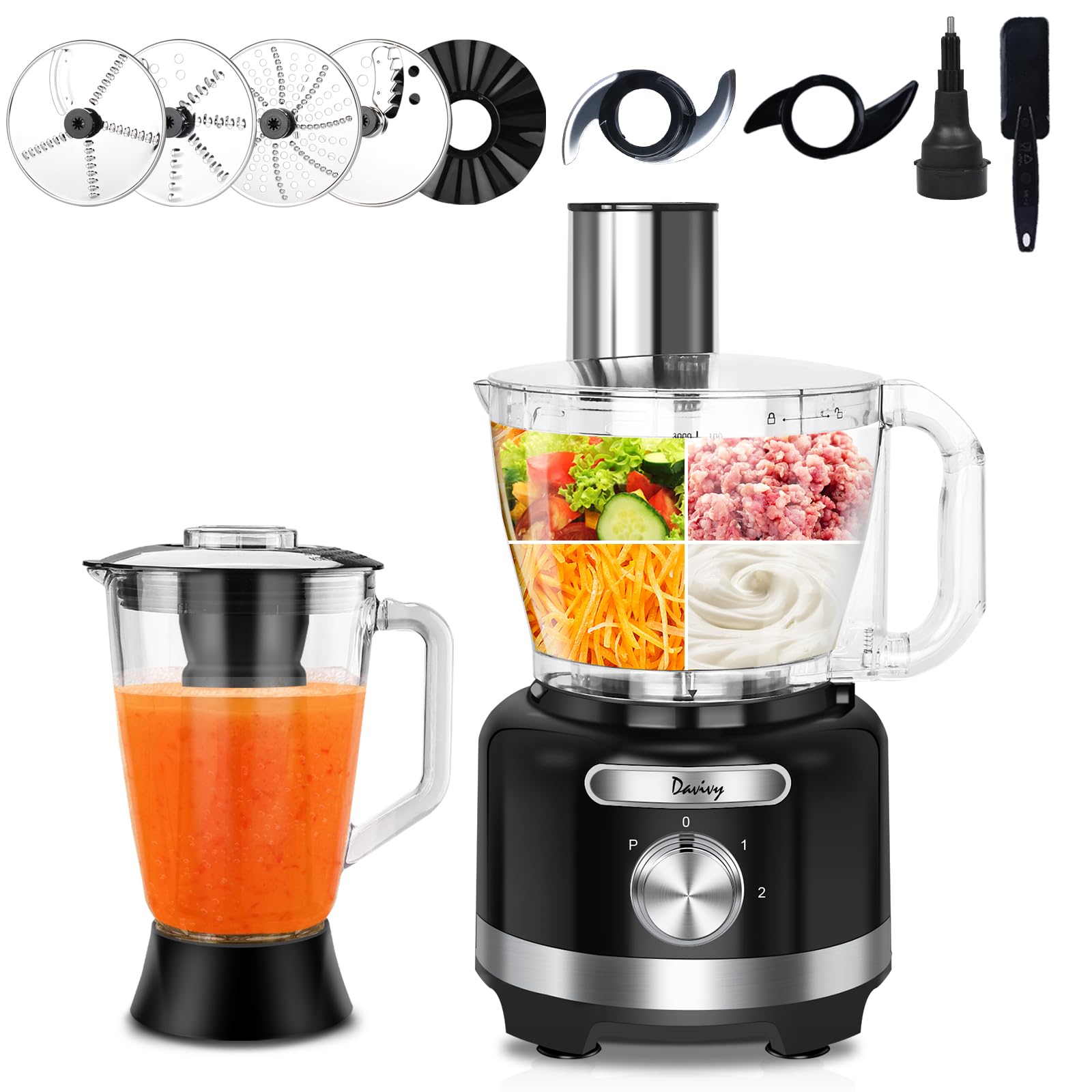 Davivy 16-Cup Food Processor Blender Combo - 600W 10-in-1 for Chopping & Blending - Perfect for Home Cooking