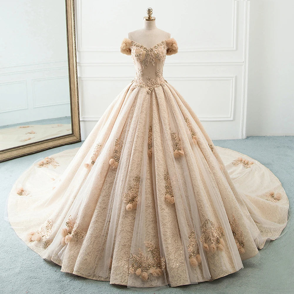 Luxury Handmade Tulle Ball Gown A-Line Wedding Dress with Floral Appliques - Perfect for Bridal, Prom, and Formal Occasions