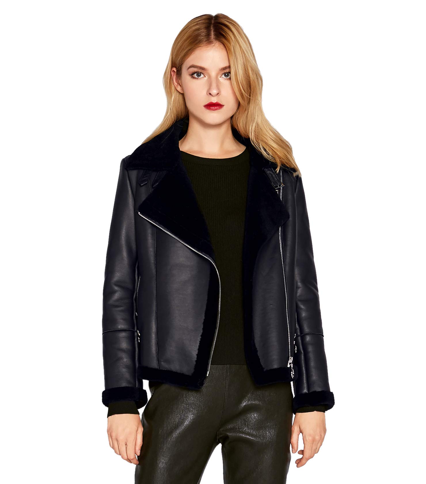Genuine Lambskin Leather Jacket for Women - Soft Lamb Shearling Zip Up Short Motorcycle Jacket - Perfect for Biker Rides, Casual Outfits & Winter Fashion