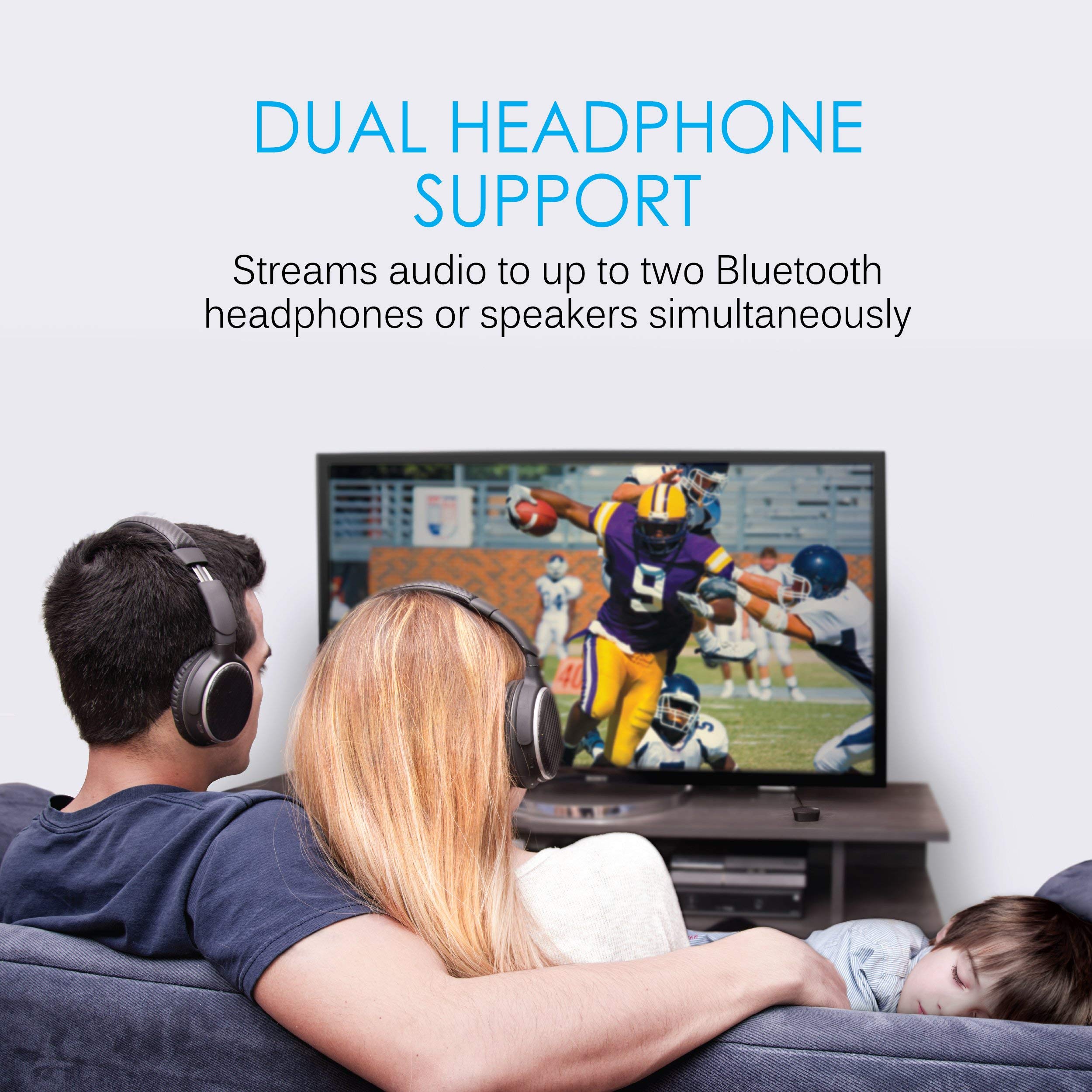 MEE Audio Connect Bluetooth 5.0 Transmitter - Dual Pairing for 2 Wireless Headphones/Speakers, Low Latency AptX, 3.5mm/AUX/RCA/Optical Input - Perfect for TV, PC, Airplane Travel & Gym Workouts