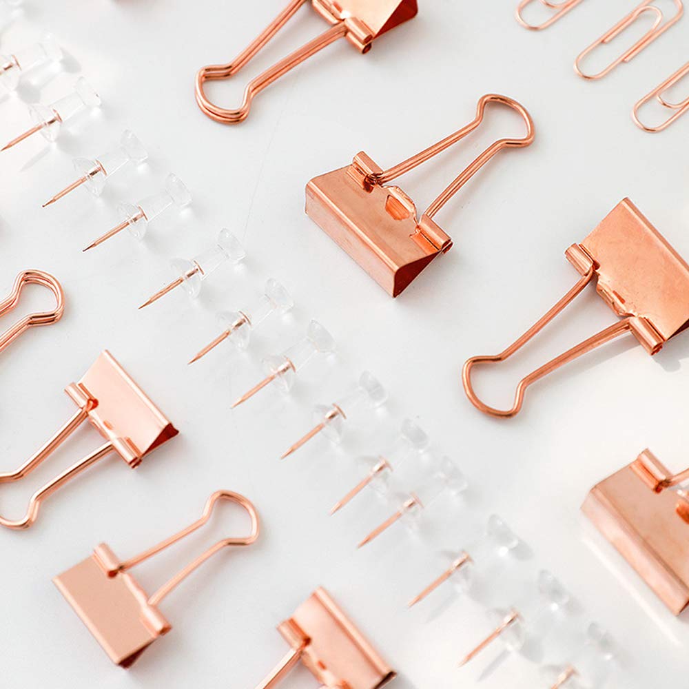 Premium Rose Gold Paper Clips & Binder Clips Set - Assorted Sizes Metal Office Supplies with Push Pins for Desk Organization | Perfect for Home Office, School Projects & Document Filing