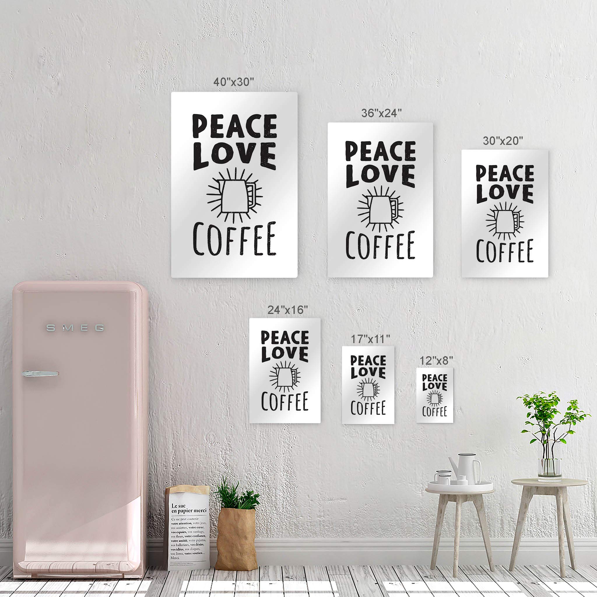 Smile Art Design Peace Love Coffee Black and White Metal Wall Art Print - Inspirational Coffee Sign for Kitchen, Farmhouse, Restaurant & Office Decor (40x30) - Perfect Gift for Coffee Lovers & Home Décor
