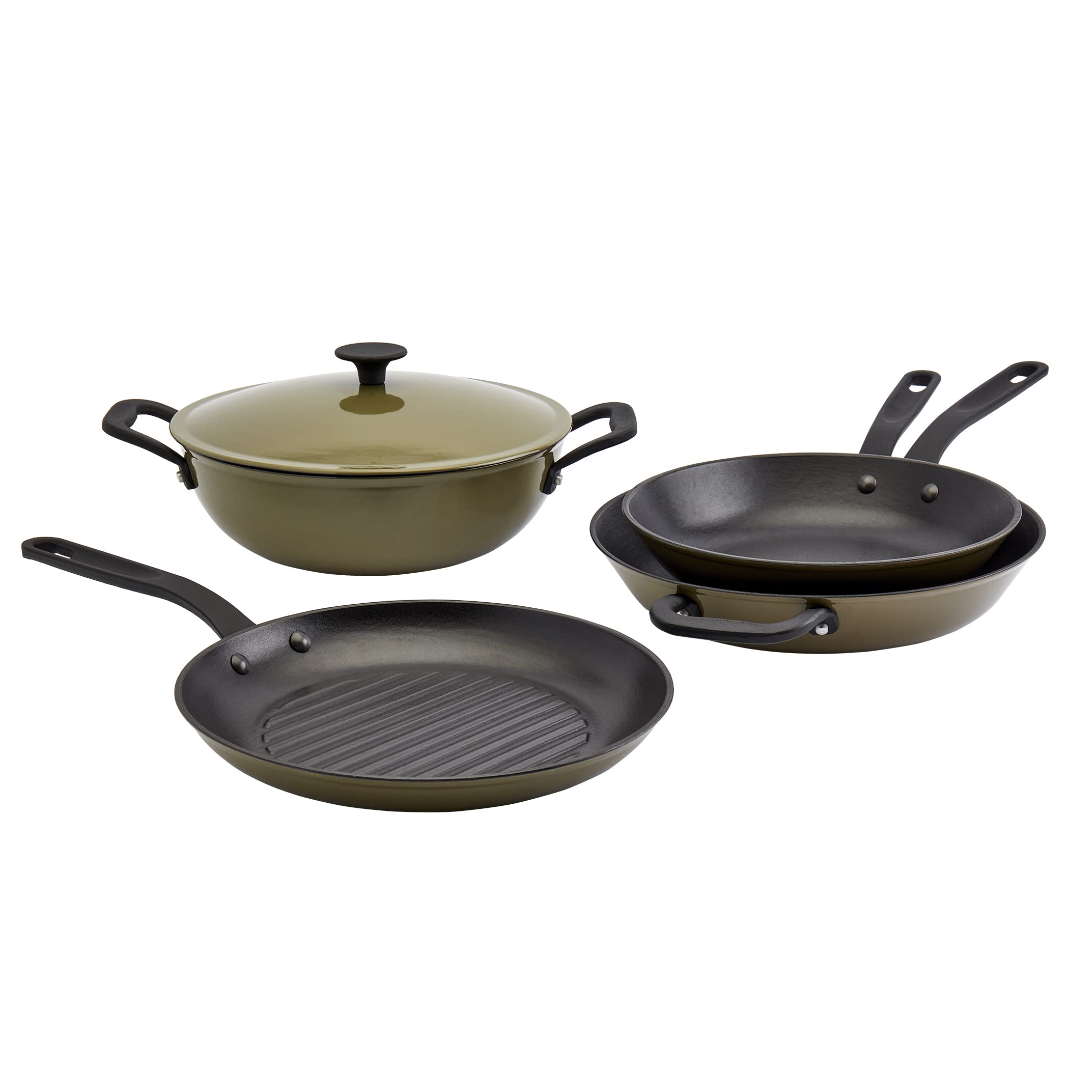 Premium 5-Piece Enameled Cast Iron Cookware Set - Pre-Seasoned, Non-Stick, Induction & Oven Safe - Ultra Durable Lite-Enameled Design in Olive Green - Perfect for Braising, Roasting & Slow Cooking
