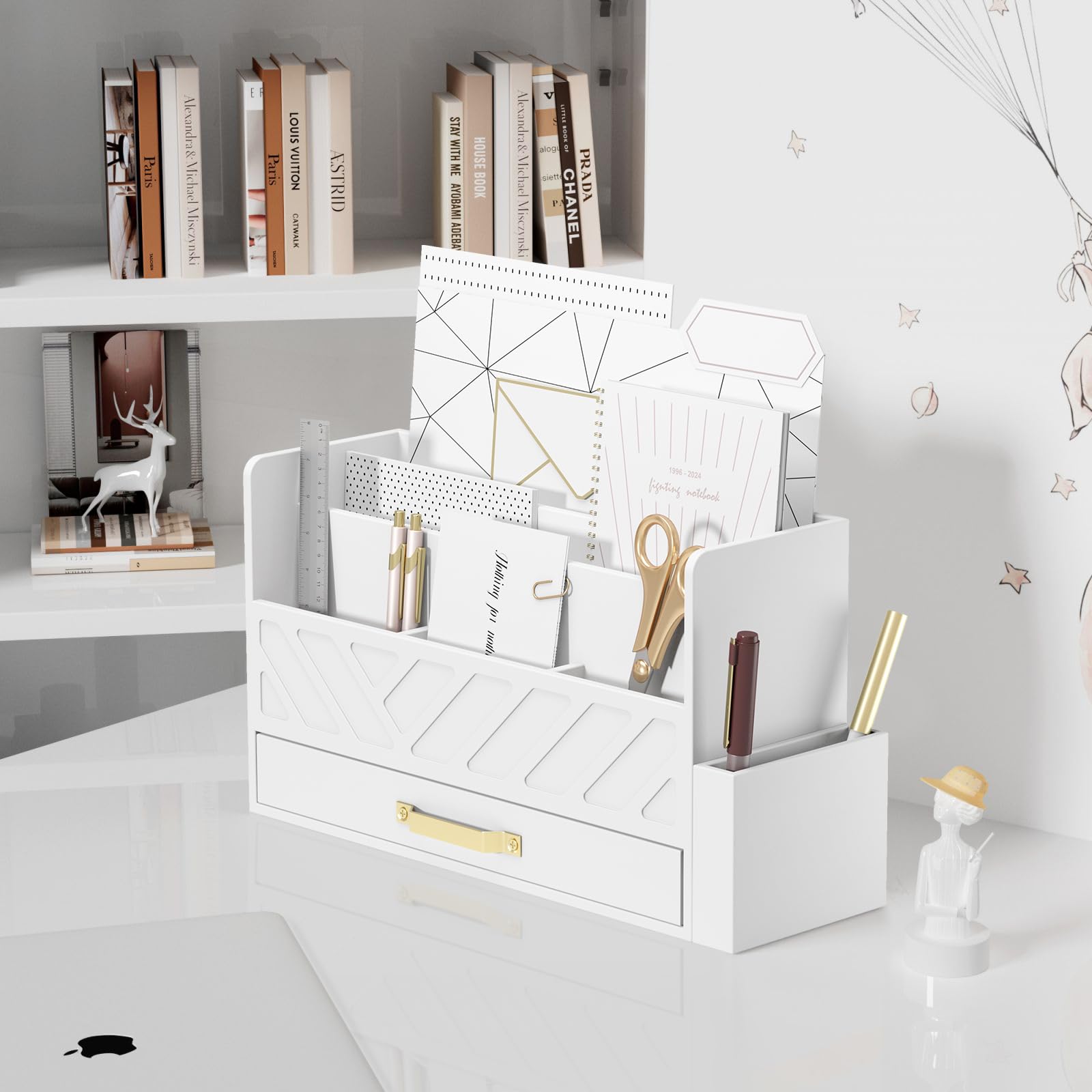 Bamboo Desk Organizer - Wooden Mail & Letter Sorter, Pen Holder, Makeup Organizer with Drawer for Countertop Storage - Perfect for School, Home & Office Supplies (White) - Ideal for Workspace, Study Desk & Office Organization