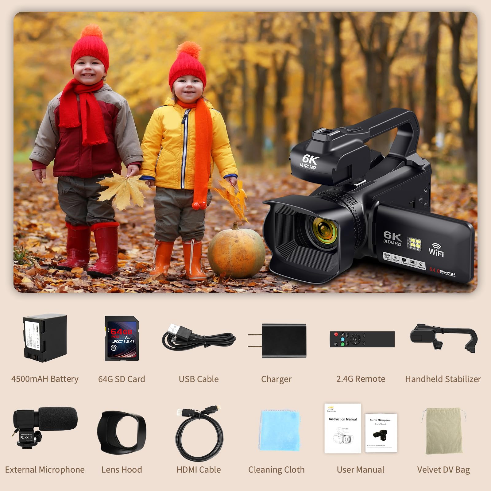 6K 64MP Digital Video Camera Camcorder with 18X Zoom, IR Night Vision & WiFi - 4.0