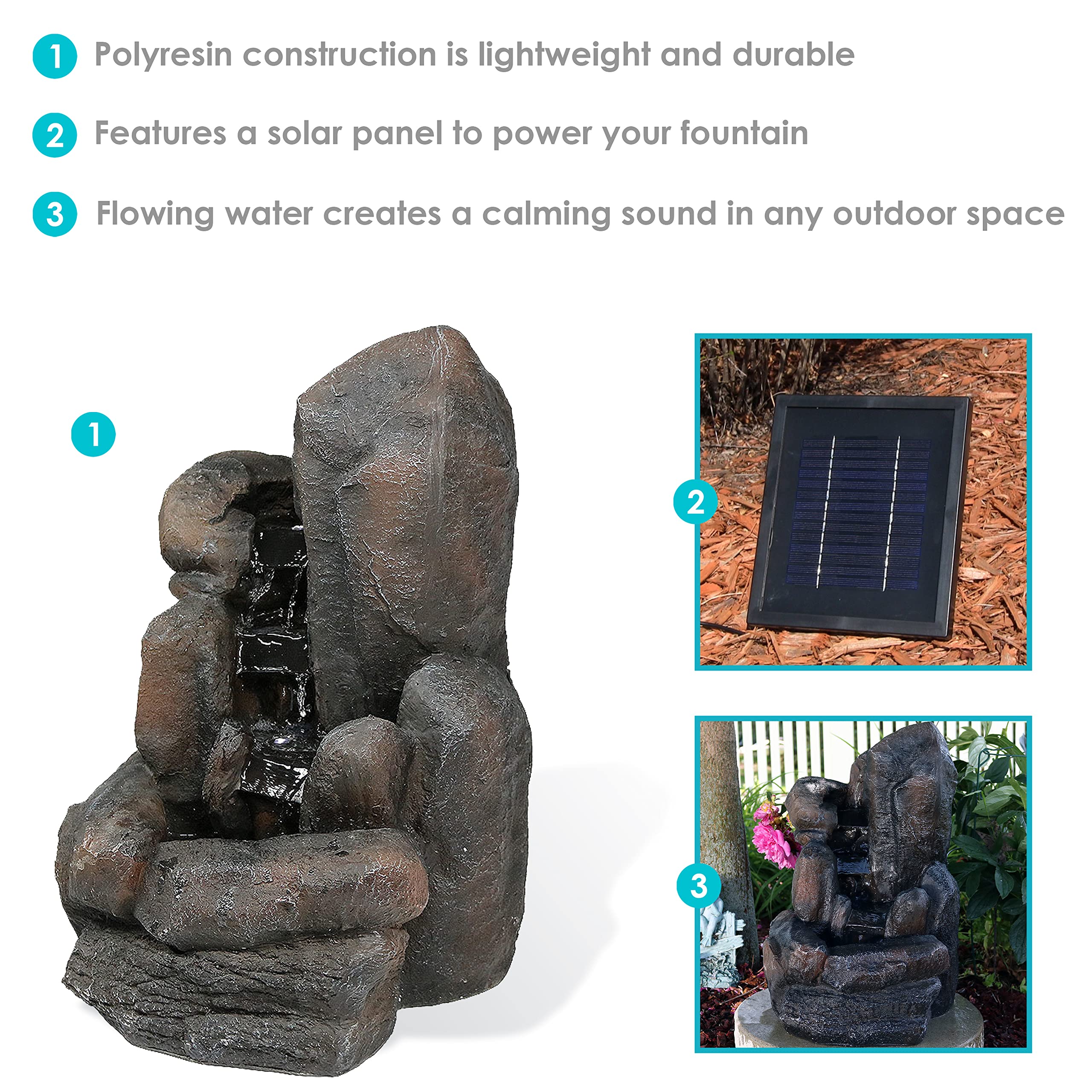 Sunnydaze Rock Falls 22-Inch Solar Fountain with Battery Backup & LED Lights - Submersible Water Pump - Durable Polyresin & Fiberglass Design - Perfect for Garden, Patio, and Outdoor Decor