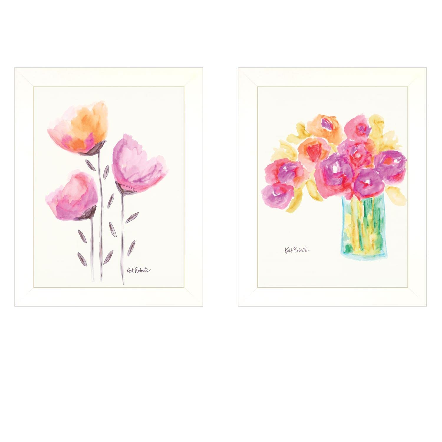 Simple Bouquets 2-Piece Vignette Wall Art Set by Kait Roberts - White Framed Floral Paintings for Living Room, Bedroom & Office Decor