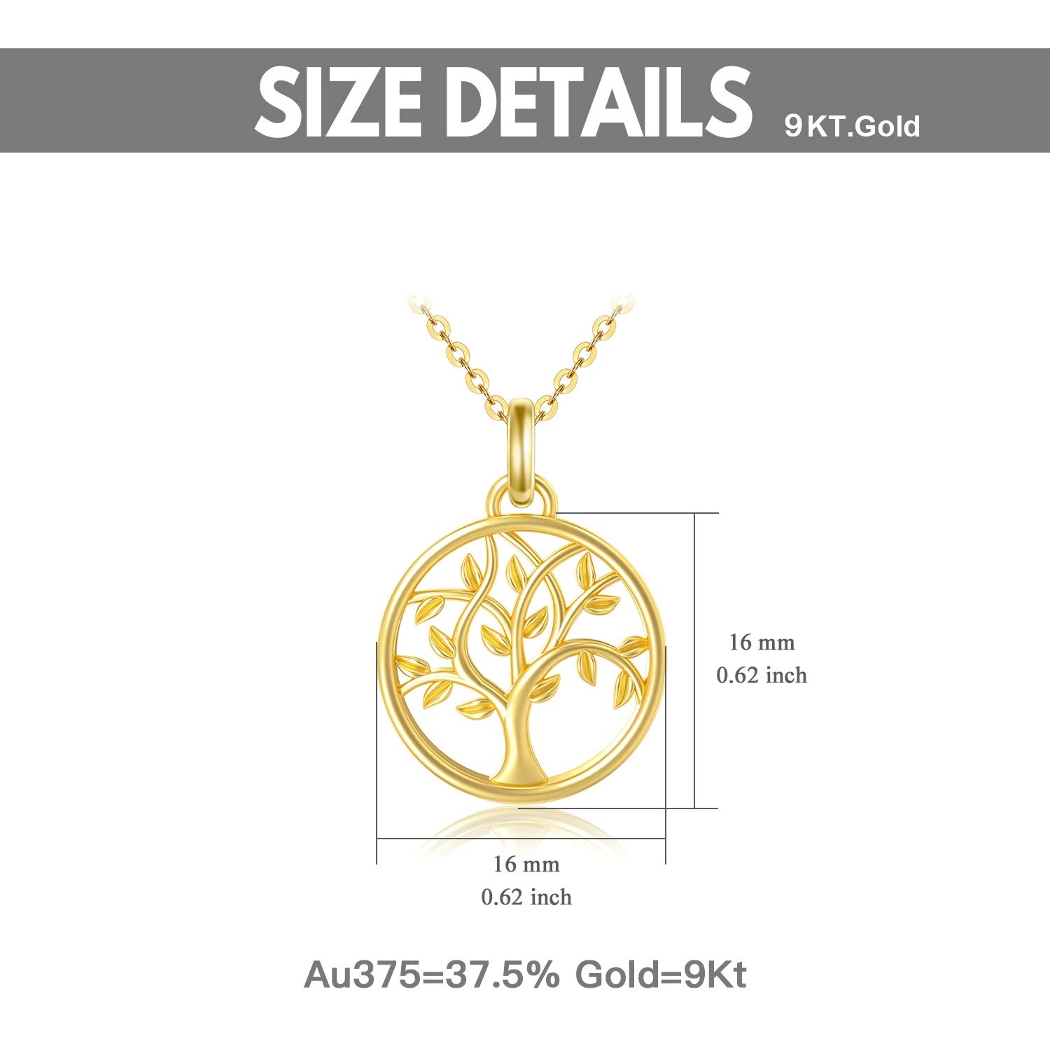 SISGEM 9ct Solid Gold Tree of Life Pendant Necklace for Women - 16+1+1 Inch Chain - Gift for Mom, Sister & Friends | Spiritual Jewelry for Daily Wear, Meditation & Special Occasions