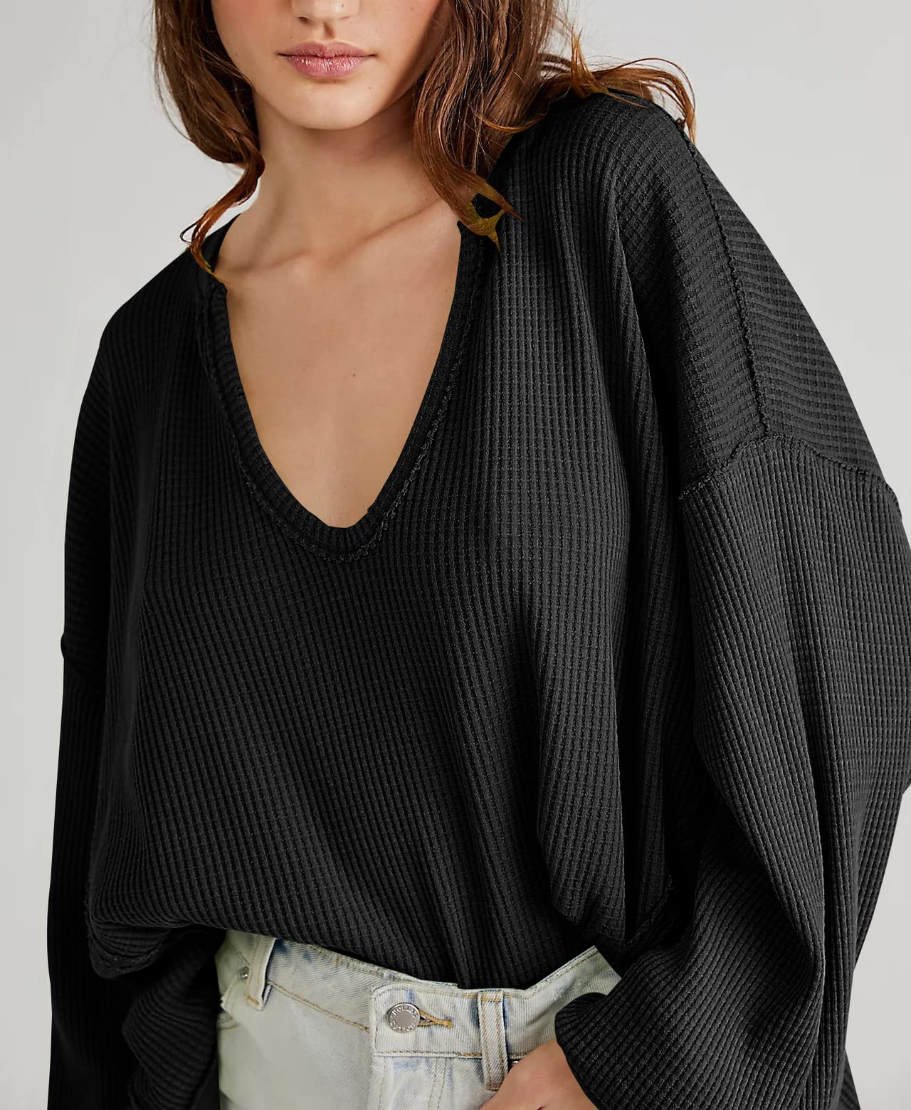 Hotmiss Women's Oversized Waffle Knit Long Sleeve Pullover Sweatshirt - Casual Drop Shoulder Lightweight Top for Fall & Winter | Cozy Lounge Wear, Street Style, Coffee Dates