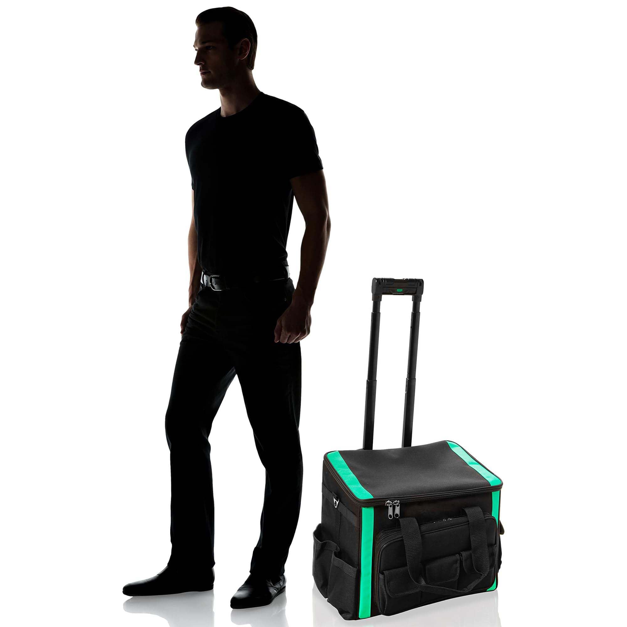 Amazon Basics 20-Pocket Lighted Rolling Tool Bag with Wheels - Heavy Duty Black Tool Organizer for Electricians, Plumbers & Contractors - Perfect for Job Sites, Workshops & Home DIY Projects