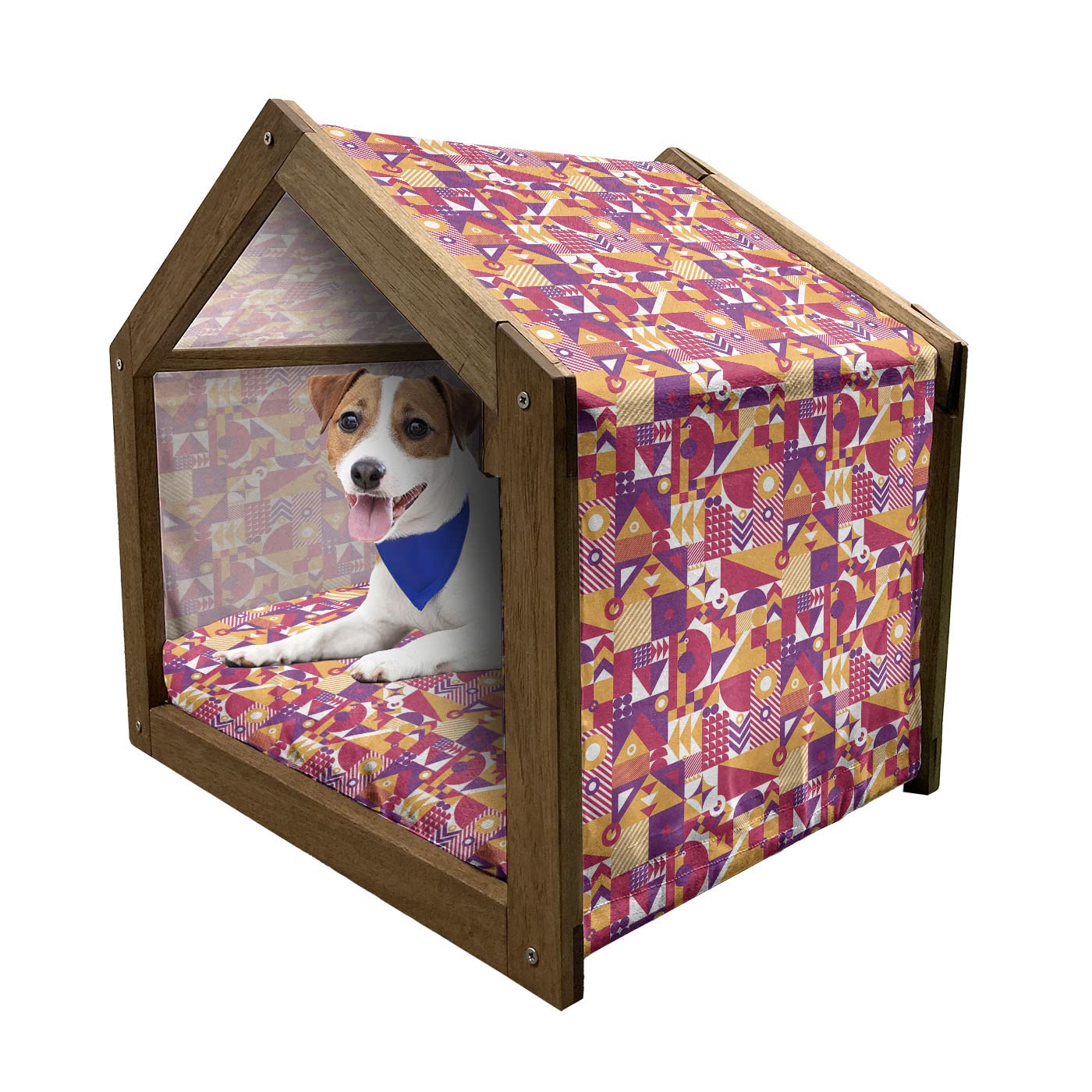 Ambesonne Geometric Wooden Pet House - Modern Mosaic Pattern Dog Kennel with Vibrant Colors, Indoor/Outdoor Portable Dog Bed with Pillow & Cover, Large Size Pale Orange Magenta - Perfect for Small to Medium Dogs in Living Rooms, Patios or Backyards