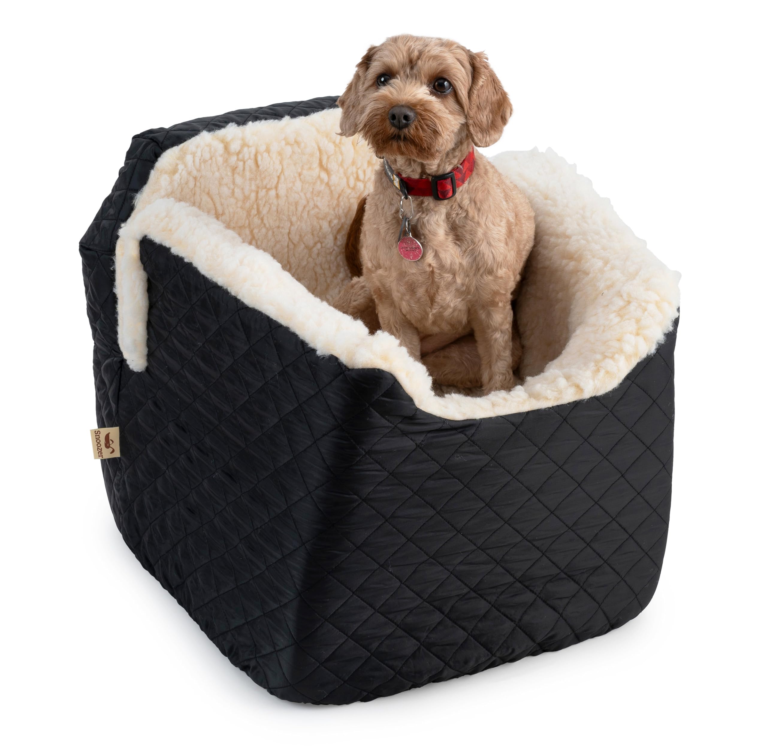 Snoozer Lookout Dog Booster Car Seat for Small Dogs 5-15 lbs - Pet Travel Safety Seat with Harness Strap to Prevent Car Sickness - Black Quilted Removable & Machine Washable Cover - Perfect for Road Trips, Vet Visits & Daily Commutes