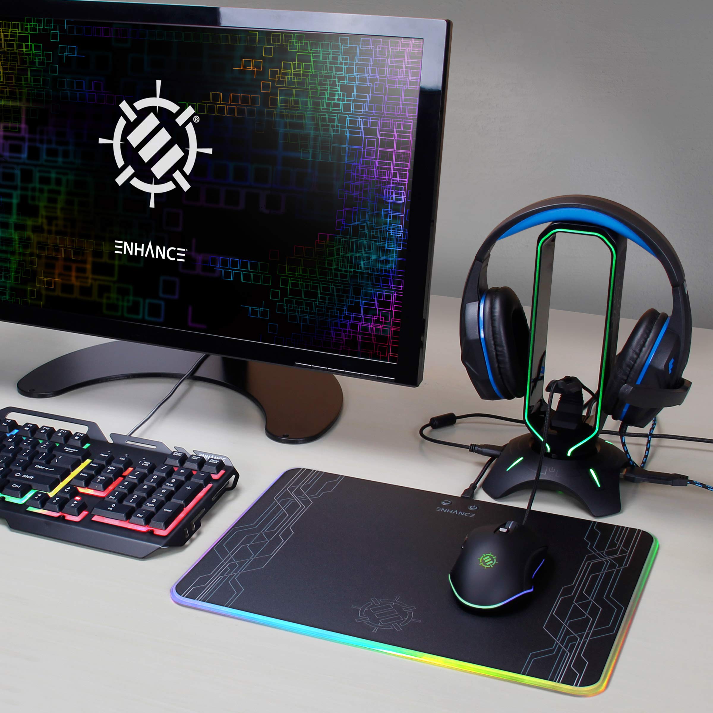 Premium RGB Gaming Headset Stand with Mouse Bungee & USB Hub - 7 Color LED Modes for PC, PS5, Xbox One - Perfect for Gaming Setup, Streaming & Office Workstation Organization