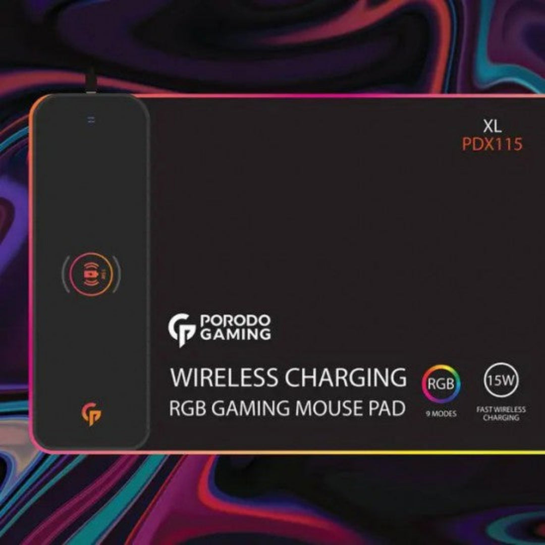 Porodo Gaming Mouse Pad with 15W Fast Wireless Charger - Large Non-Slip RGB Mouse Mat for PC, Mac, Laptop - Perfect for Gaming, Office Work & Home Use