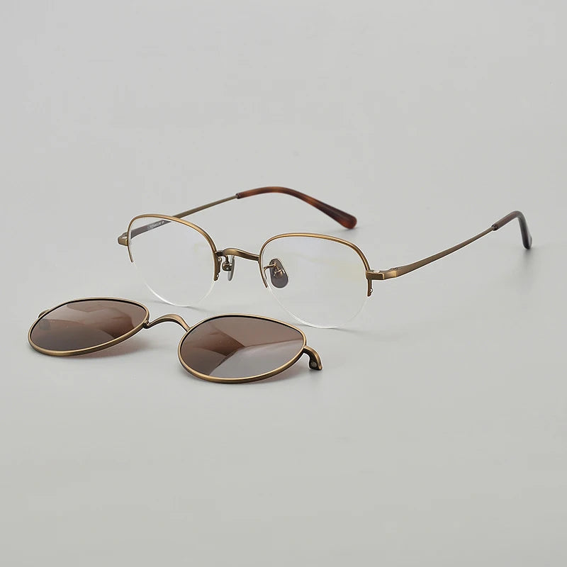 Stylish Black Semi-Rimless Oval Titanium Eyeglasses for Women with Clip-On Sunglasses MK47 - Perfect for Outdoor Activities, Driving & Fashion Accessories
