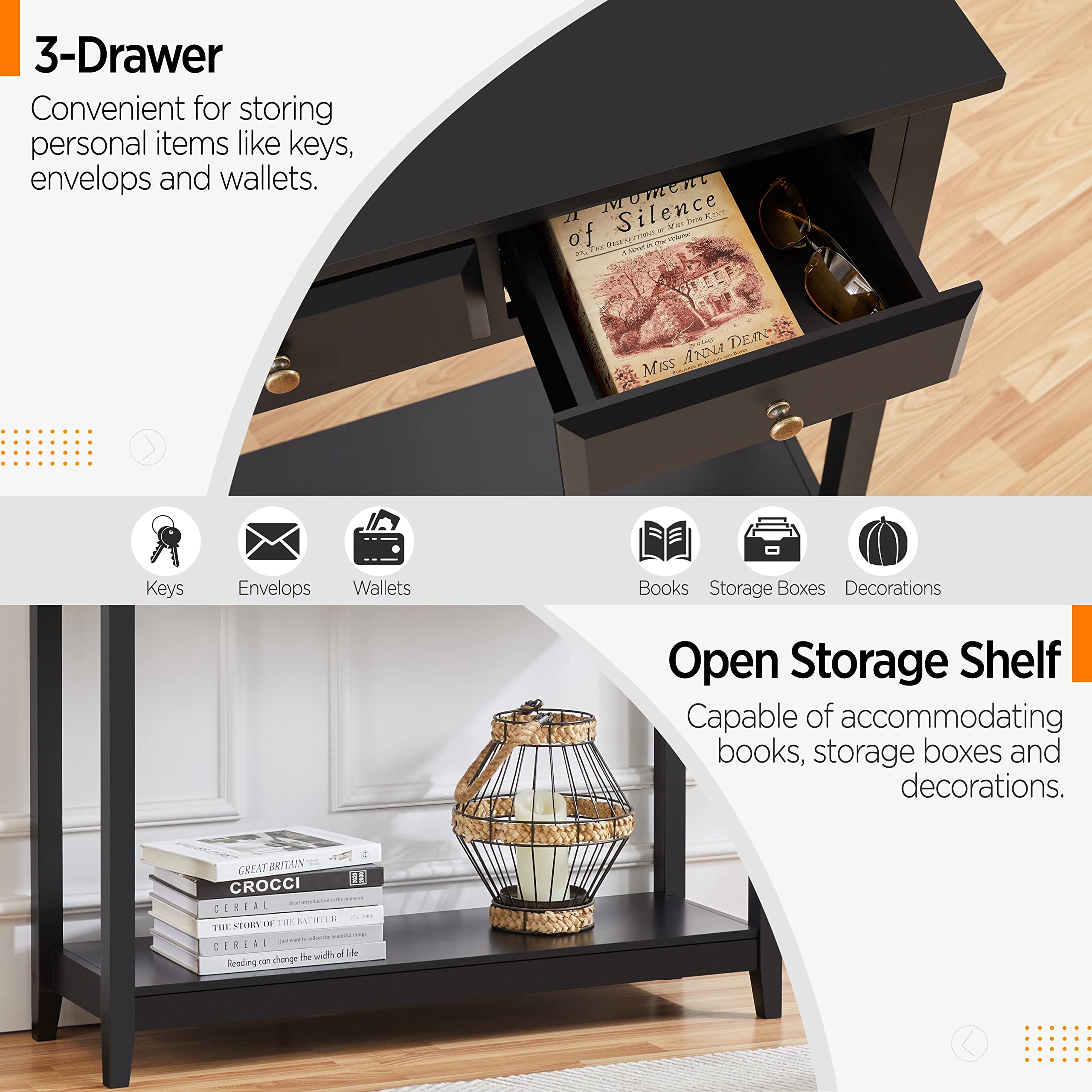 Topeakmart Wooden Console Table with Storage Shelf and 3 Drawers - 2-Tier Entryway Sofa Table for Hallway & Living Room - Black Finish - Perfect for Small Space Organization and Home Decor